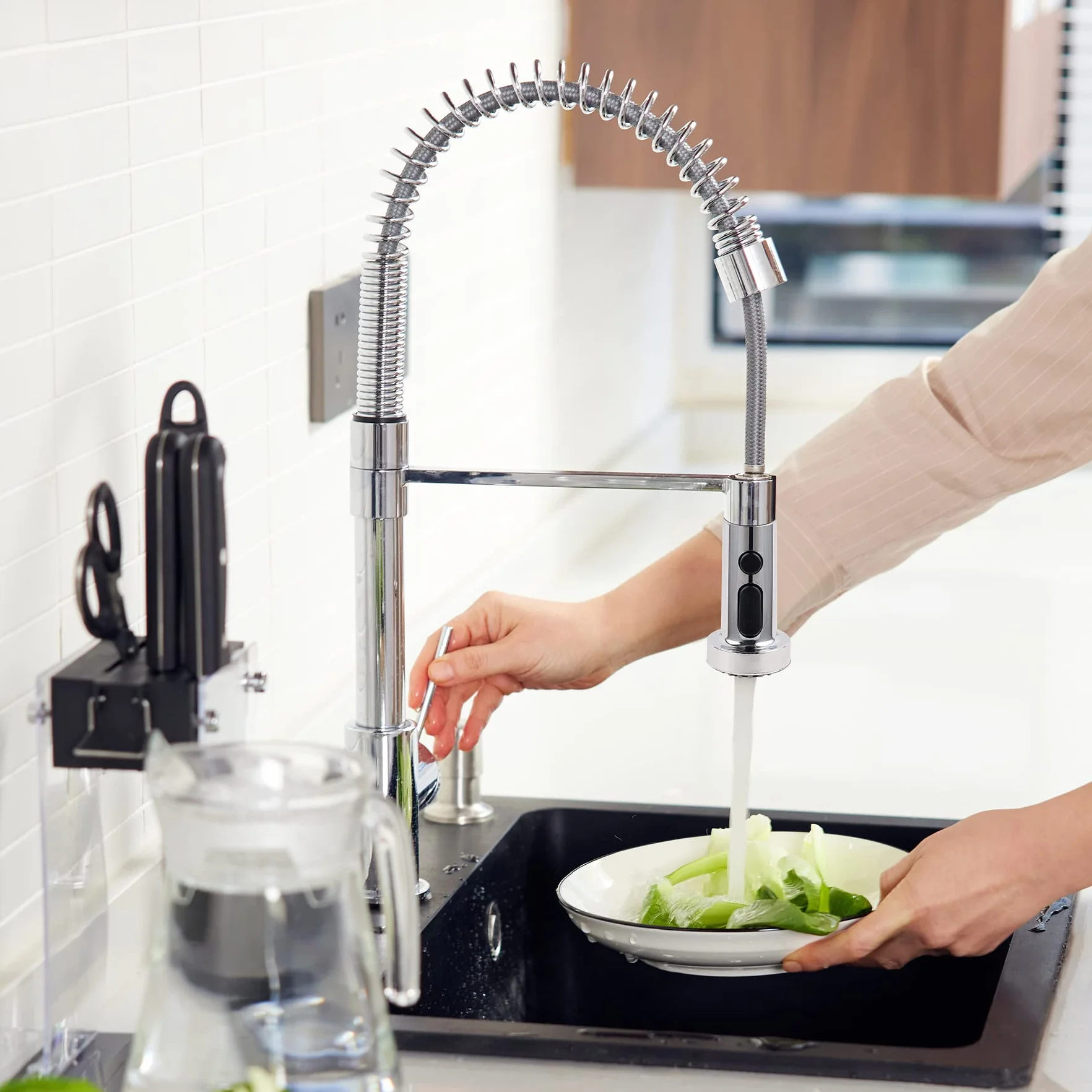 Hibbent Tête Robinet de Cuisine 3 Modes, Douchette Rétractable Mitigeur Cuisine Universel G1/2, Pivotant 360°, Filetage Mâle