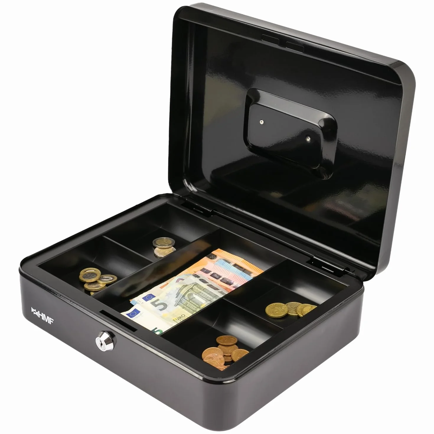 HMF Caisse à monnaie verrouillable, 5 compartiments, 30 x 24 x 9 cm, Noir