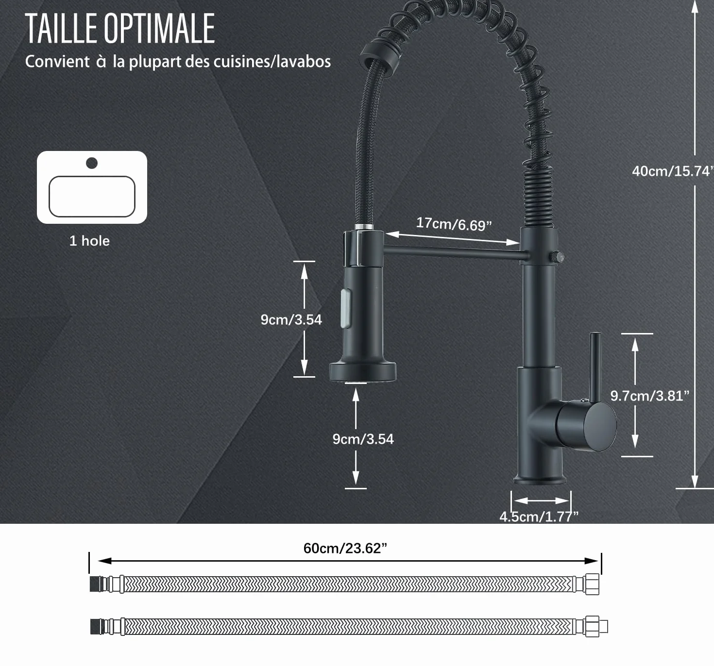 Robinet Cuisine Noir Pivotant 360° Mitigeur 2 Modes Pulvérisation Évier Arc Élevé Laiton
