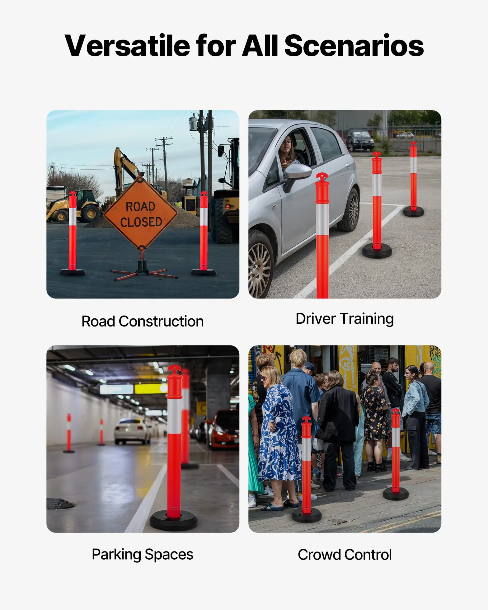 VEVOR Poteau de Signalisation 114 cm 6PCs Balise Délimitation Base Remplissable Bandes Réfléchissantes