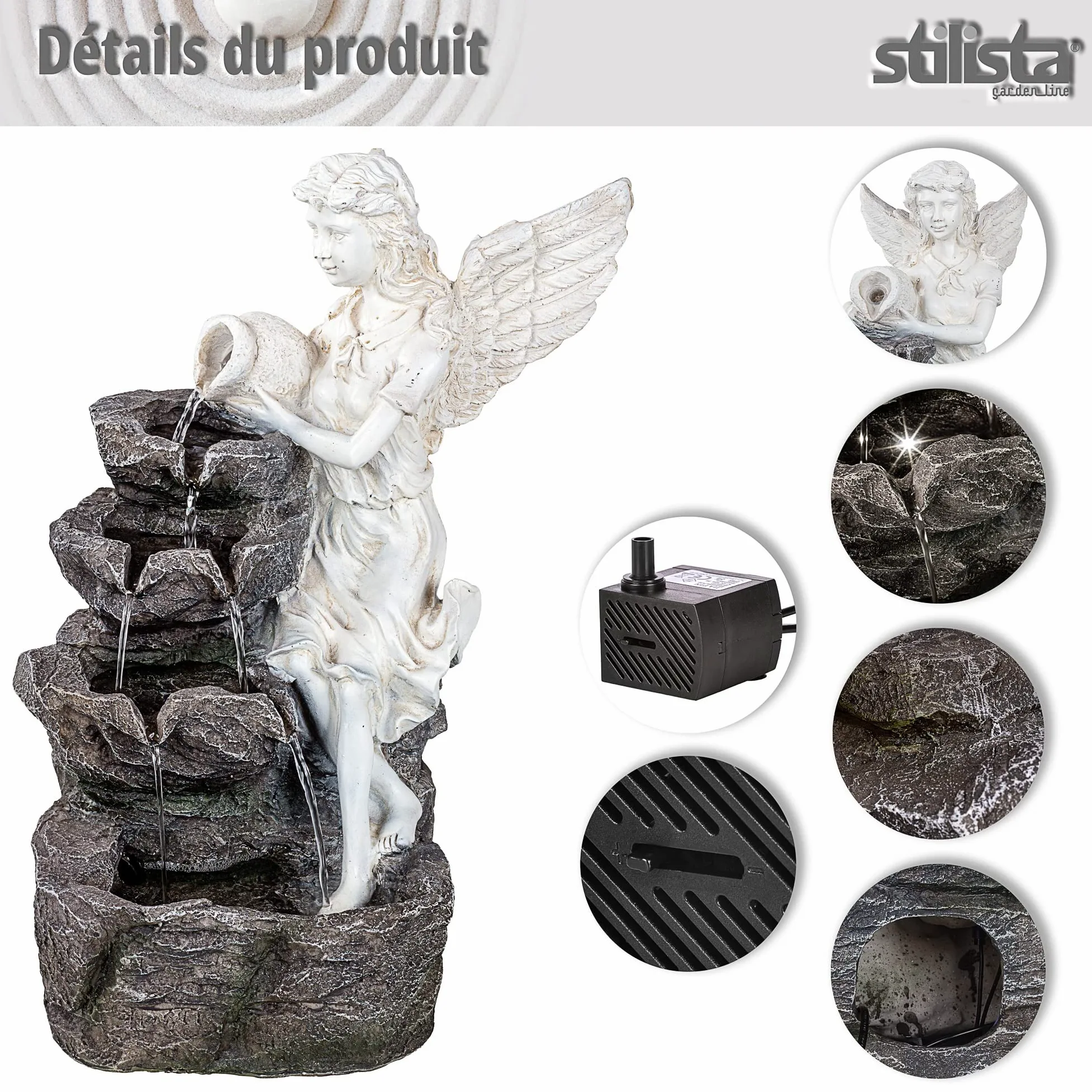 STILISTA Fontaine de Jardin Ange 49 x 35 x 32 cm, avec éclairage LED, Pompe Incluse