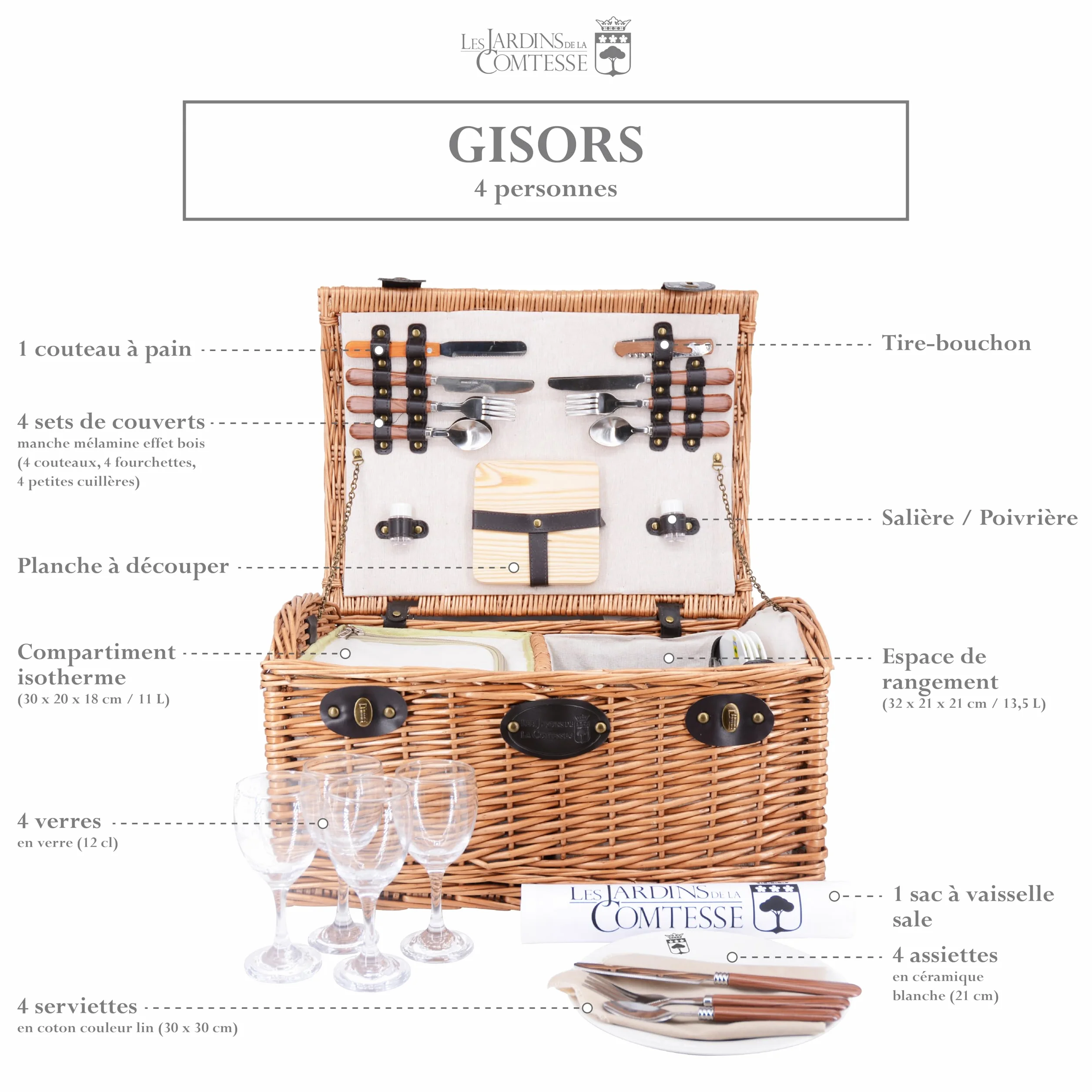 Les Jardins de la Comtesse - Panier Picnic Gisors en Osier Couleur Miel - 4 Personnes/Compartiment Isotherme et Assiettes en Céramique - Verres à Vin en Verre - Tissu Couleur Crème - 48 x 36 x 27 cm