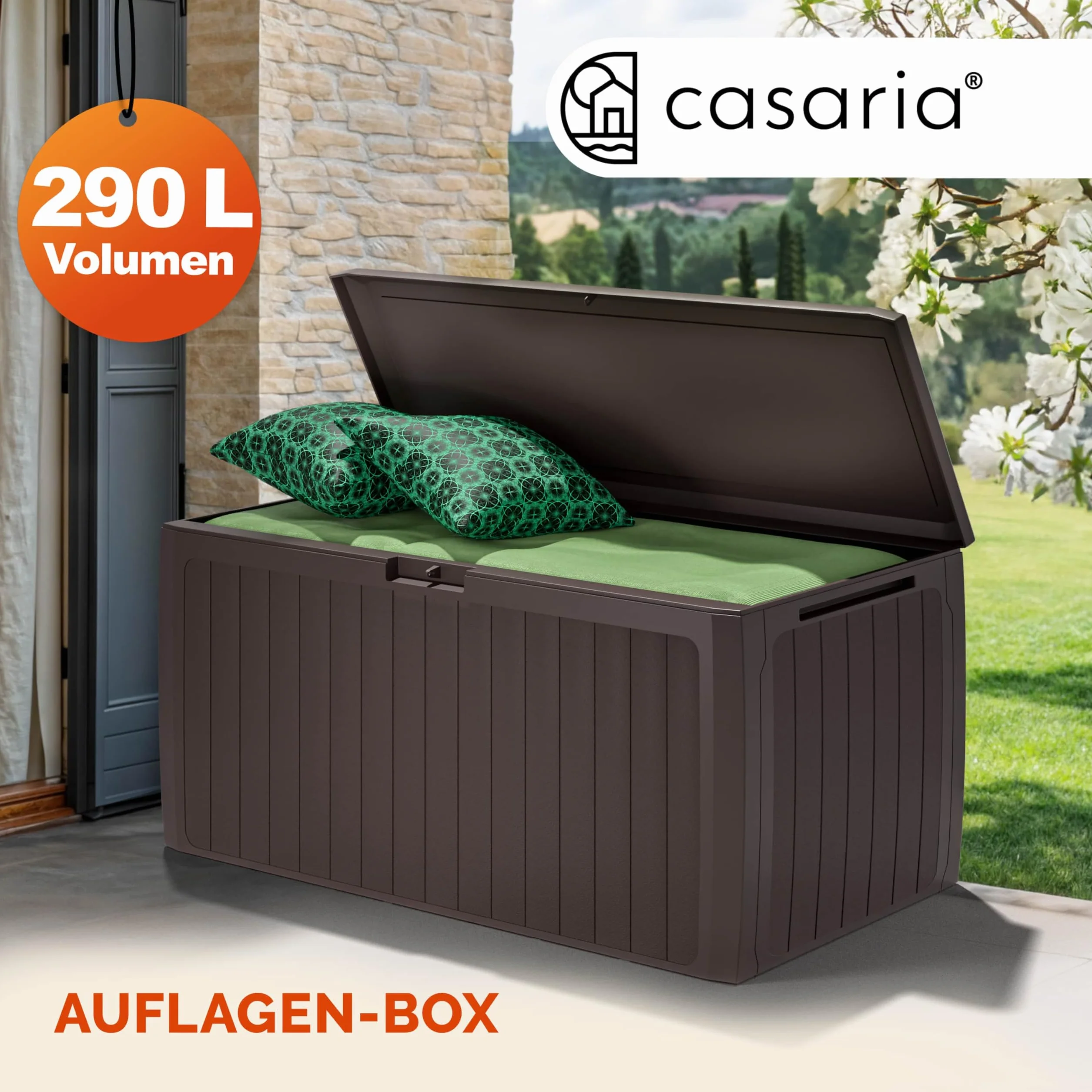 Casaria Coffre de rangement XXL Brun 290L Roulettes Poignées Malle de jardin