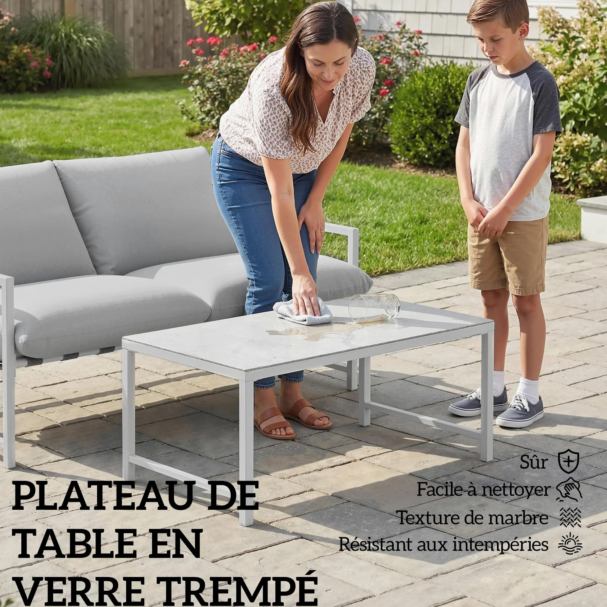 Outsunny Salon de Jardin Extérieur 2 Pièces, Canapé 2 Places avec 2 Coussins et Table Basse en Verre Trempé Marbré 3D, Mobilier de Jardin pour Terrasse Balcon Jardin, Acier, Gris Clair