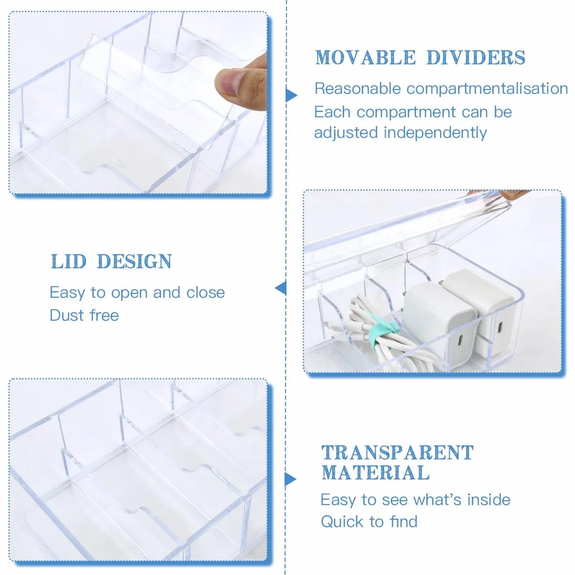 OctBird Boîte de Rangement Câbles avec Couvercle 8 Compartiments Boîte Organisateur Câble Transparente