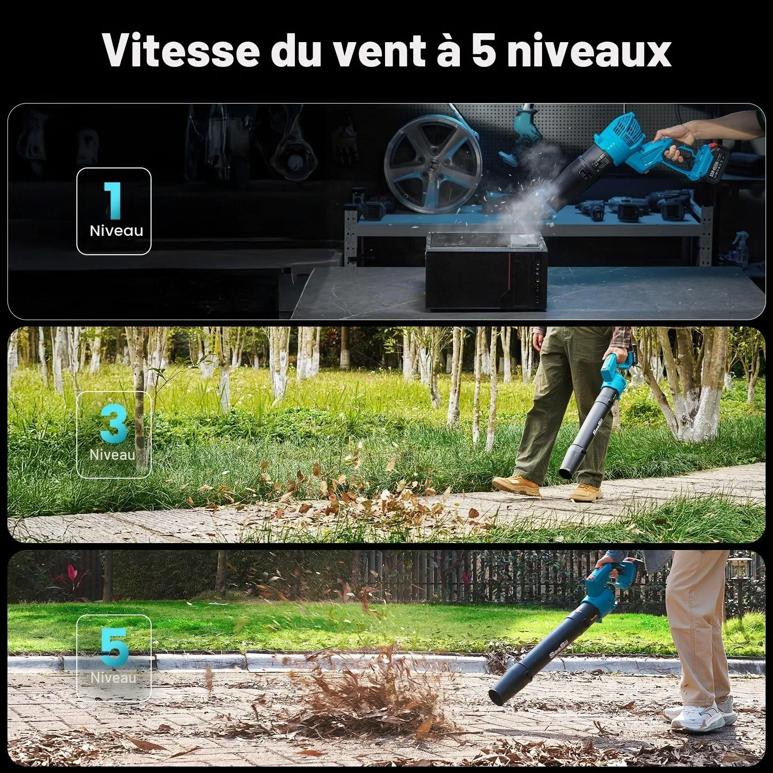SEESII Souffleur à feuilles sans fil avec 2 batteries de 4,0 Ah et chargeur, 5 niveaux de rotation, souffleur électrique d'extérieur pour jardinage, nettoyage des feuilles, léger pour cour, terrasse