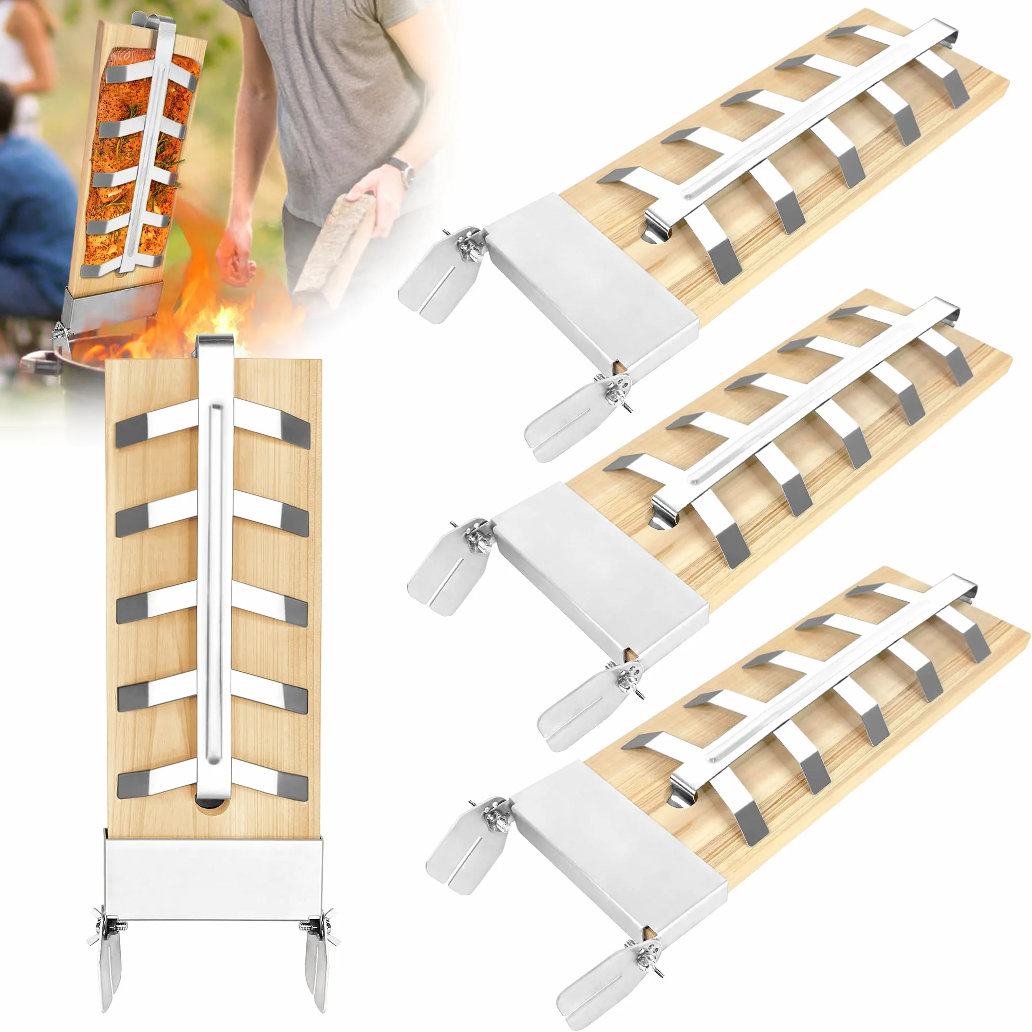Lot de 4 planches à saumon flammé en acier inoxydable, support réglable 5 niveaux, planche à fumer en cèdre pour barbecue