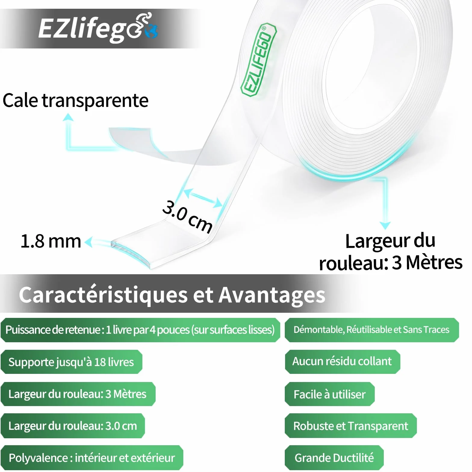 Nano-Ruban Adhésif Double Face Puissant Réutilisable Transparent 3 Mètres