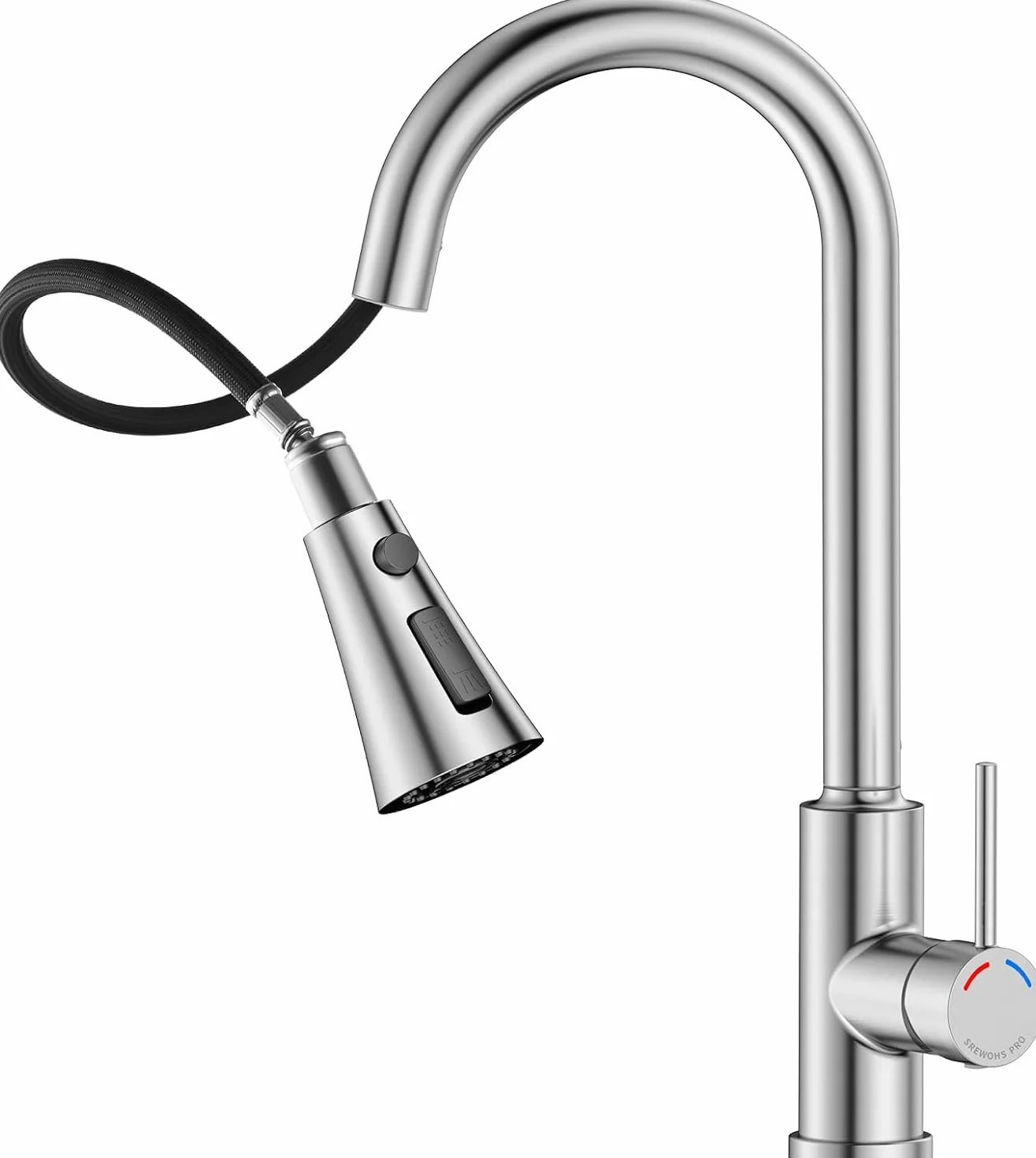 Robinet de Cuisine à Ressort avec Douchette Extractible, Mitigeur Évier Bec Haut Pivotant 360°, 4 Modes de Jet, Acier Inoxydable Brossé, Installation 1 Trou (38,6 cm)