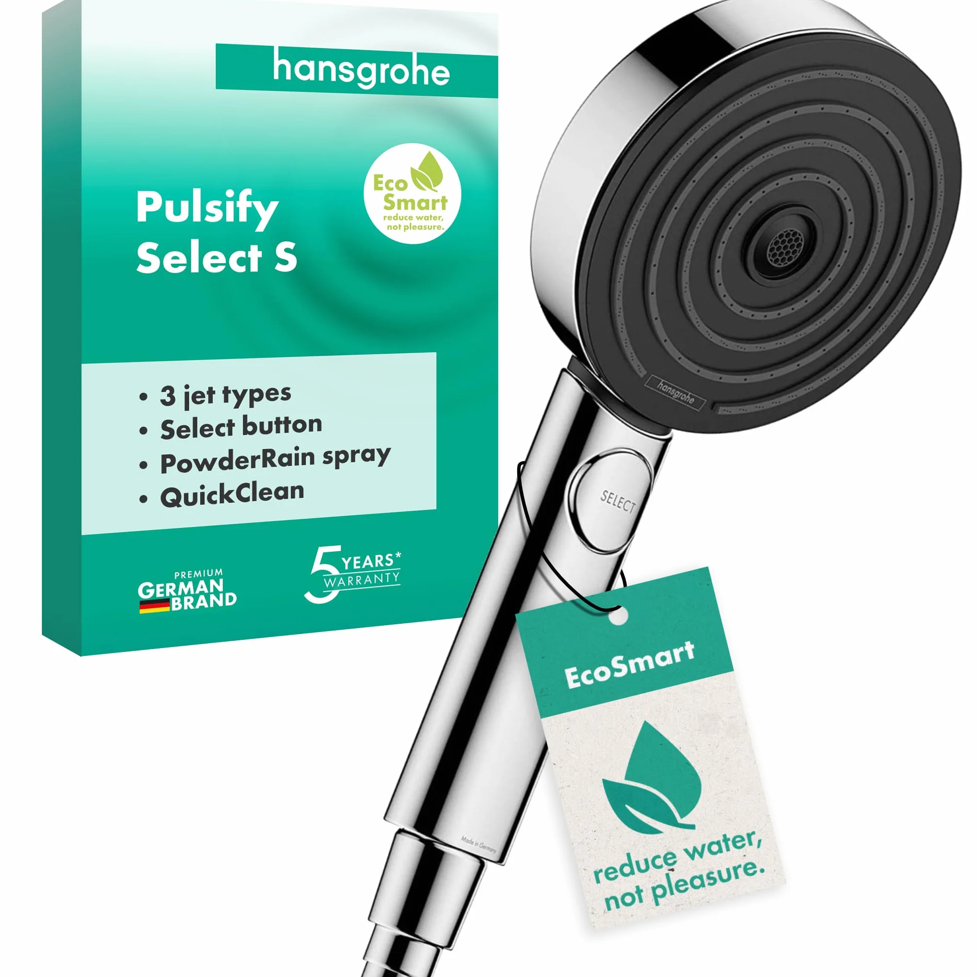 hansgrohe Pulsify Select S Pommeau de douche économie d'eau 9 l/min EcoSmart Douchette à main 3 types de jet Edition Relaxation Ronde 105 mm Chromé