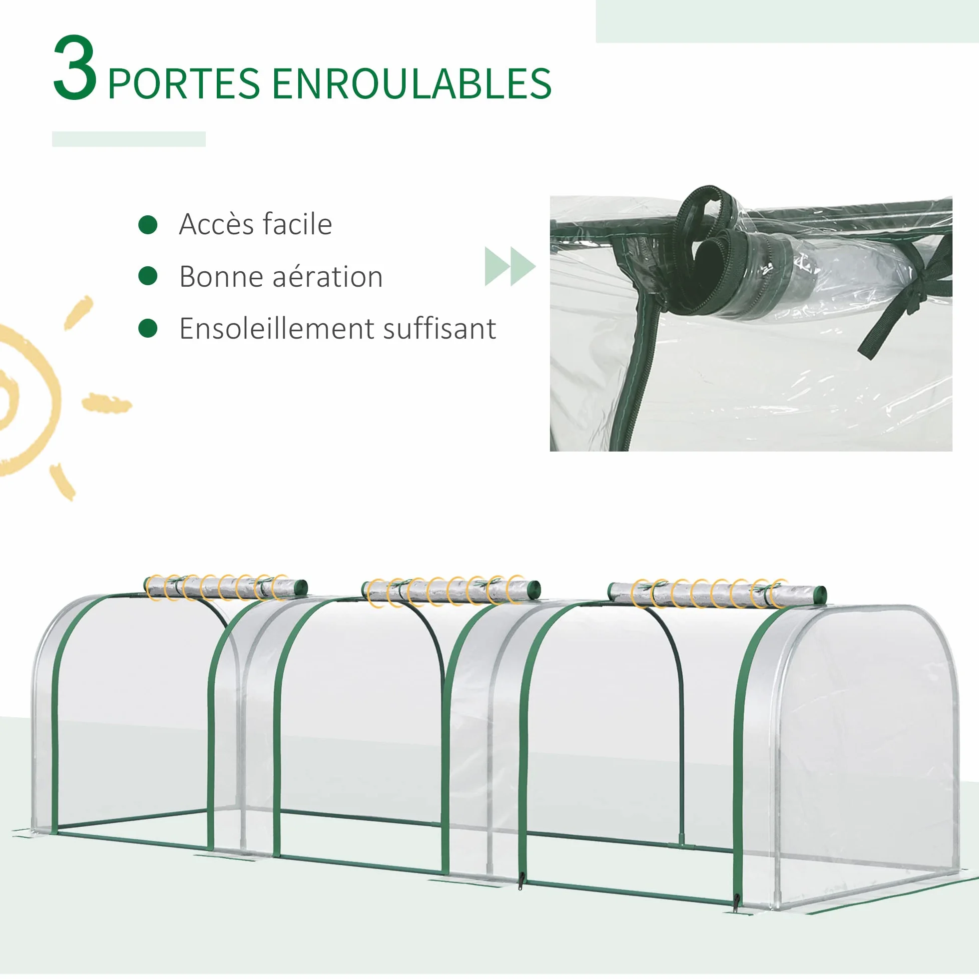Outsunny Mini Serre de Jardin Mini Serre Tunnel Serre à Tomates 3 x 1 x 0,8 m Acier Plastique Haute densité Anti-UV 3 Portes avec Zip enroulables Transparent