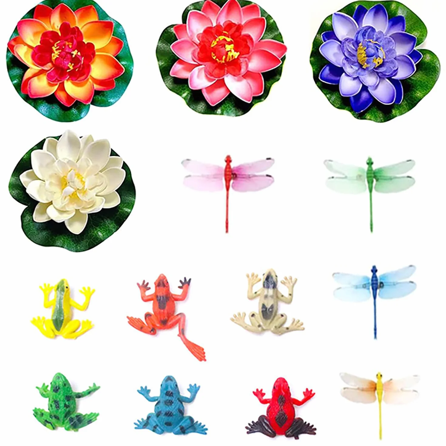 14 Pièces Nénuphar Flottant Fleurs Artificielles, Fleur de Nénuphar de Lotus avec Libellule Grenouille Artificielle Nenuphar Flottant Lotus pour Jardin, Aquarium, Etang de Jardin Décor
