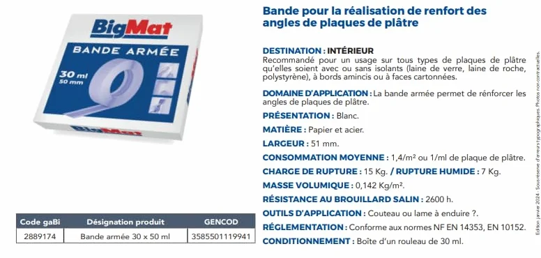BIGMAT Bande armée 30 ML Blanc Renfort Angles Plaques de Plâtre