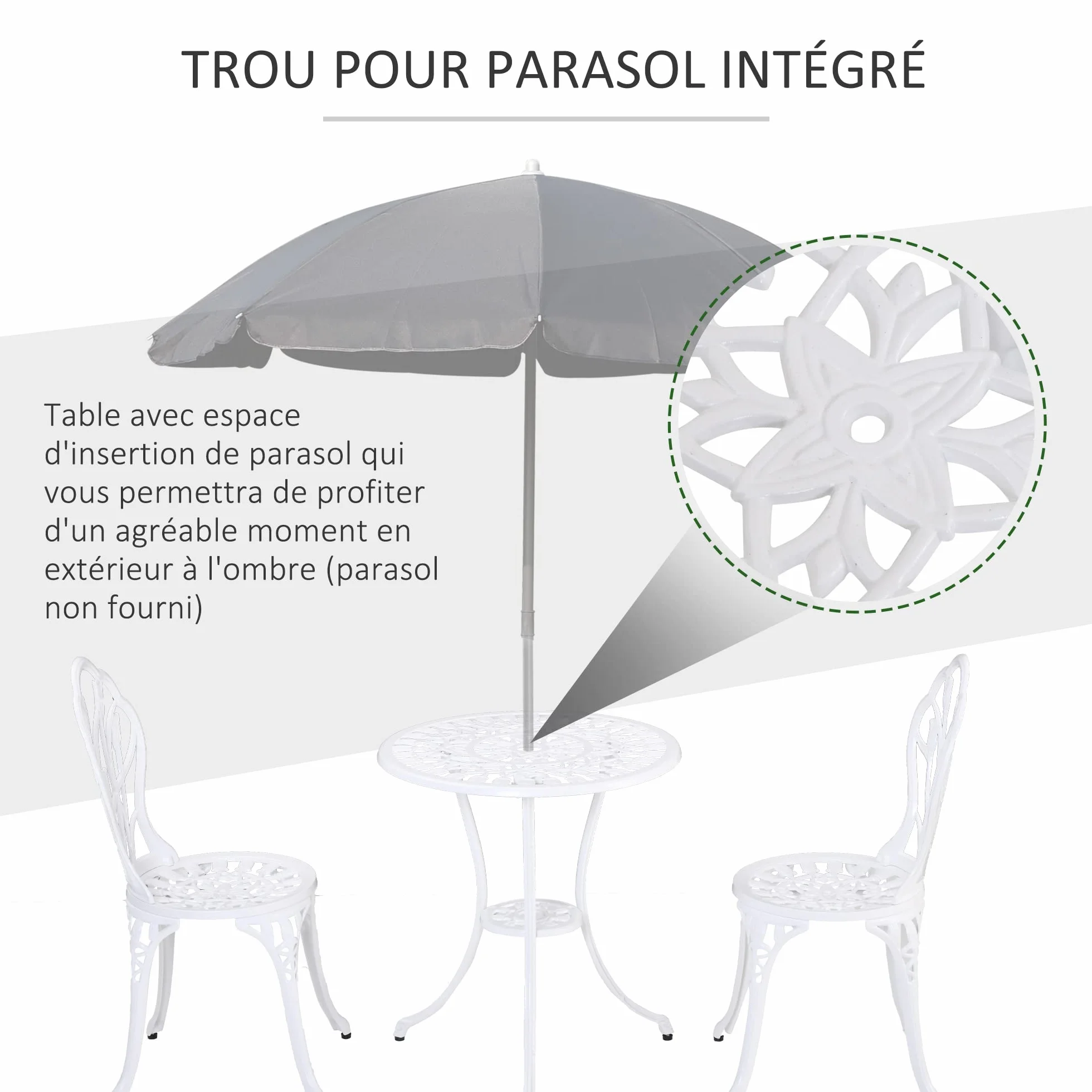 Outsunny Salon de Jardin 2 Places Table Ronde Fonte Aluminium Imitation Fer Forgé Blanc
