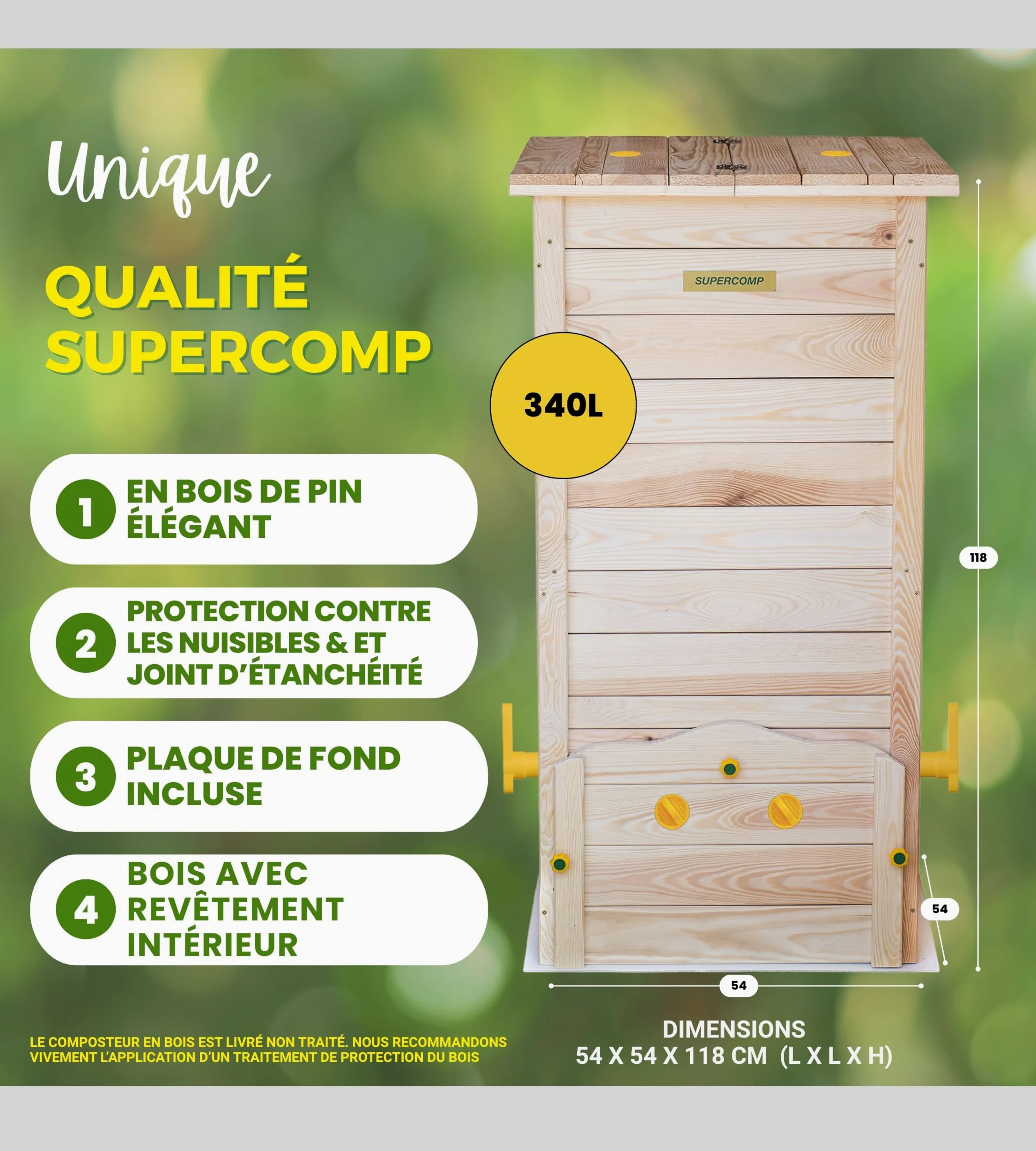 Bac à Compost en Bois 340 L – sans Odeurs, sans Brassage, Aération Verticale, Protection Anti-Nuisibles, avec Plaque de Fond