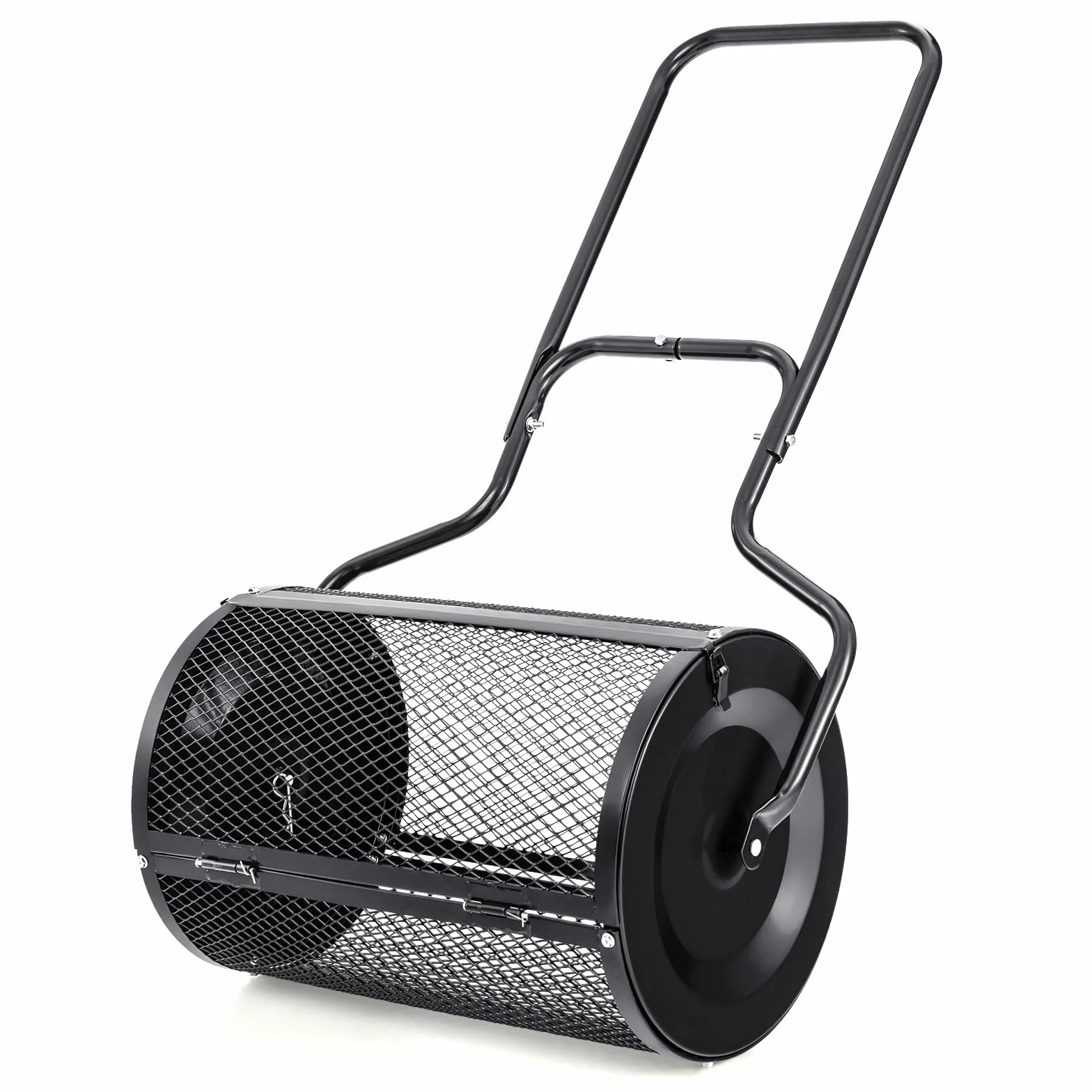 GOPLUS Épandeur de Compost d68cm pour Pelouses et Jardin, Capacité 75L, Épandeur en Treillis Métallique avec Double Loquets Latéraux, Épandeur de Fumier, de Terreau et de Paillis Roulant (Noir)