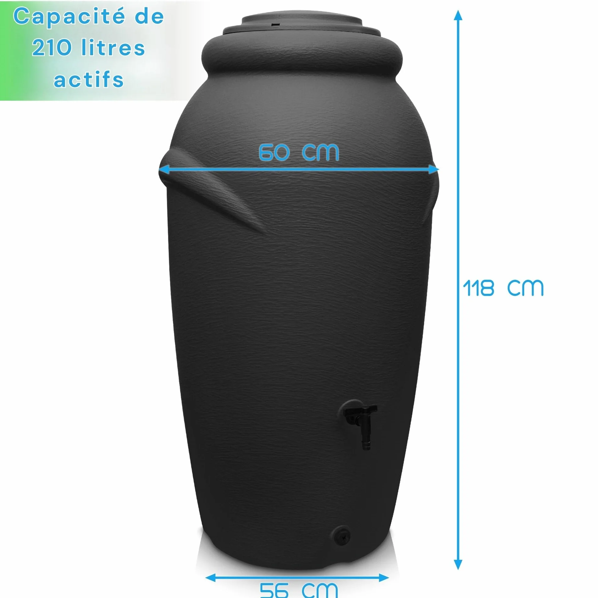 YourCasa Récupérateur Eau de Pluie 210L Design Amphore Tonneau de Pluie résistant au Gel Plastique avec Robinet Anthracite