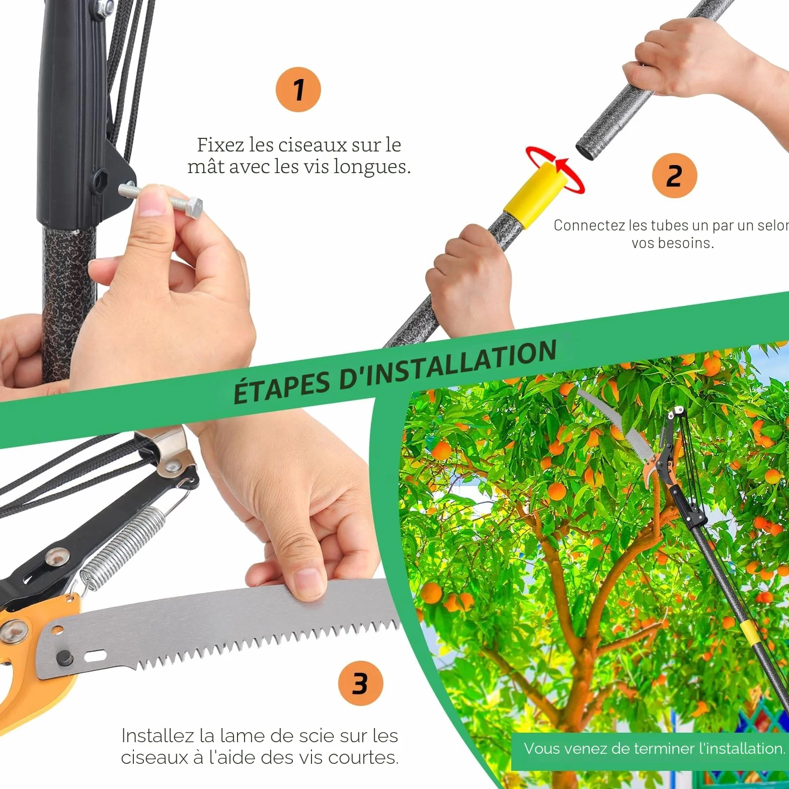 Scie à perche extensible pour l'élagage des arbres, sécateur manuel à long manche de 4 m, lame tranchante en acier de 30 cm