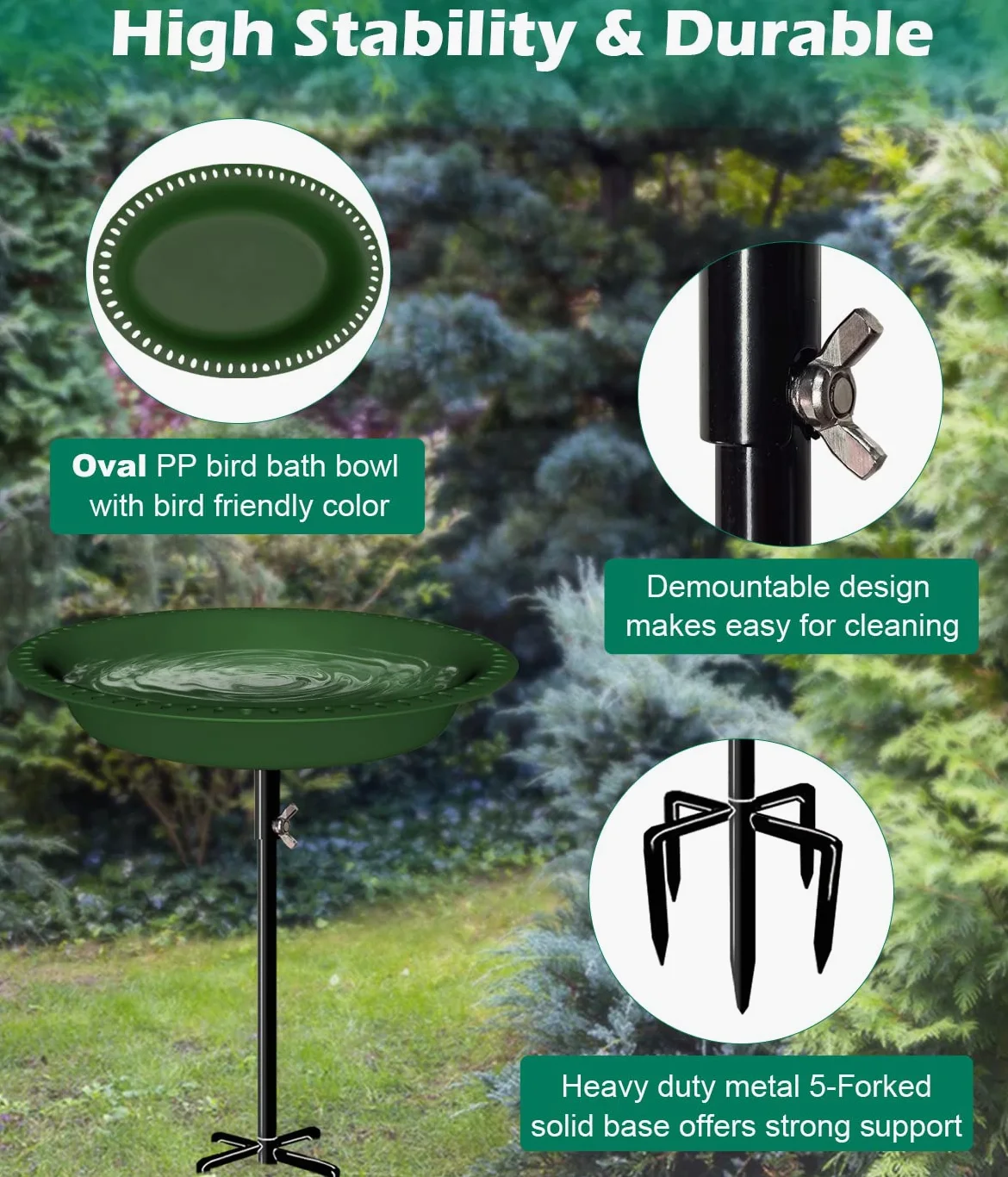 Bain d'oiseaux amovible de 73,6 cm de hauteur avec support en métal, bol ovale pour oiseaux et mangeoire à oiseaux avec base à 5 dents pour jardin extérieur, vert