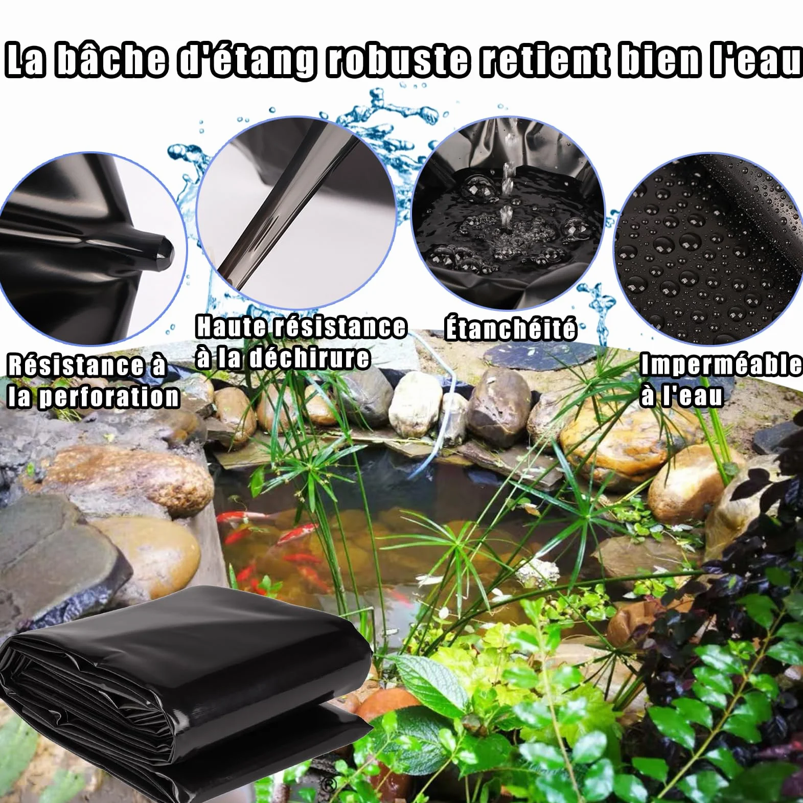 Bache Bassin 1x1m Liner Piscine Hors Sol Exterieur pour Bassin à Poissons Membrane renforcée