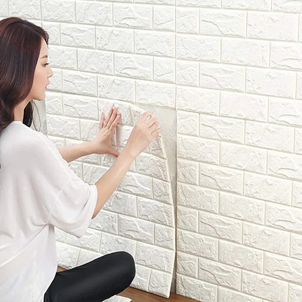 LeapBeast 10Pcs Papier Peint Mural 3D, Blanc Brique, Effet Pierre, Autocollant Adhésif Mousse Polyéthylène Amovible