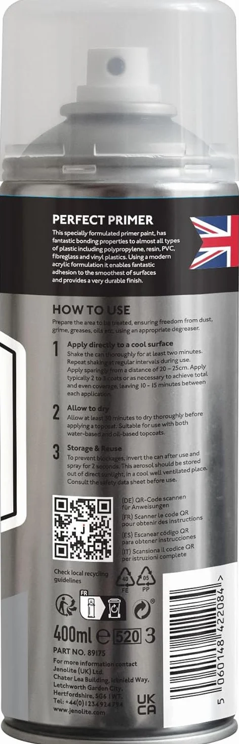 JENOLITE Plastic Primer Aerosol 400 ml Gris Apprêt plastique durable