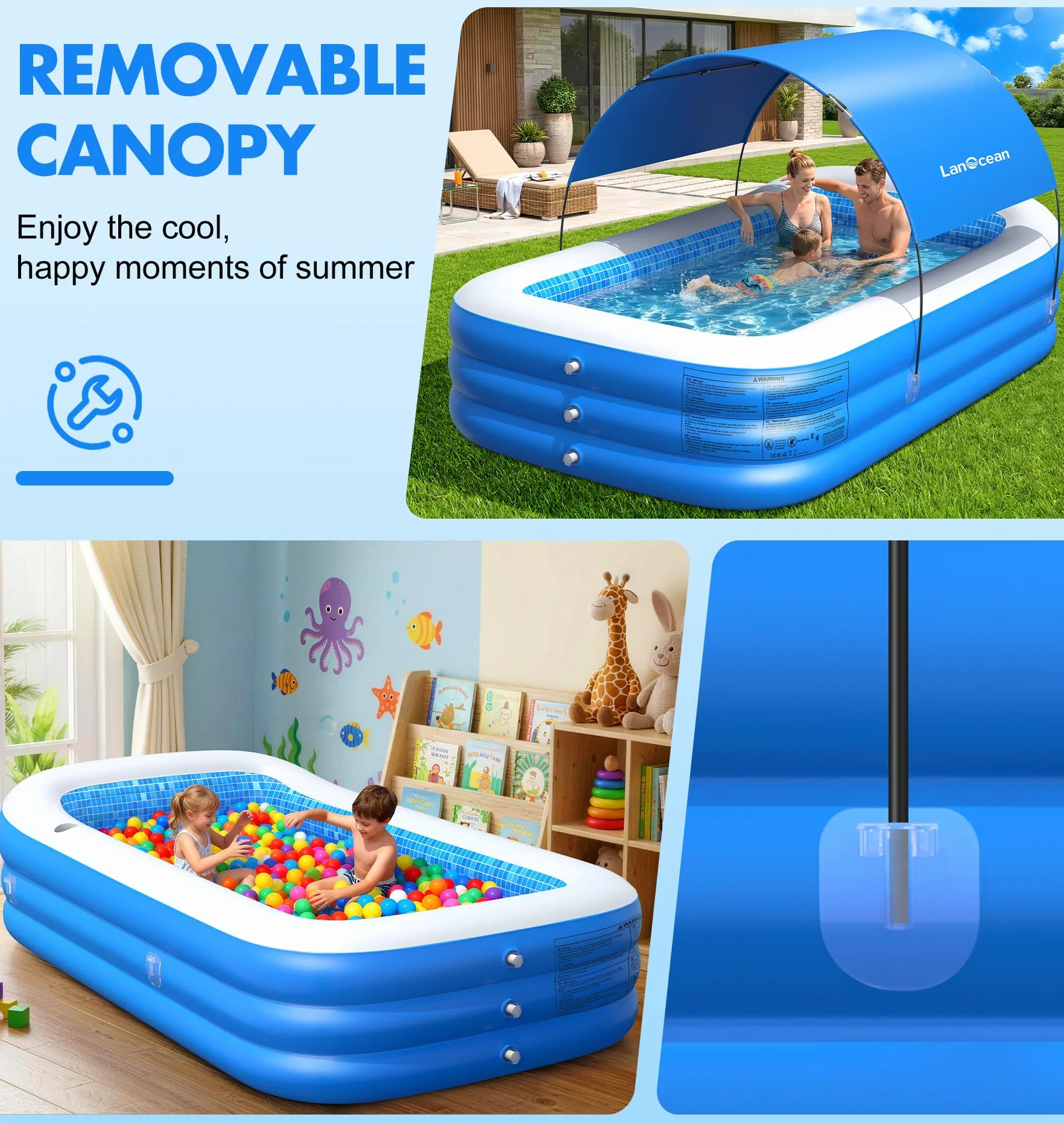 LanOcean Piscine Gonflable Adulte 280x160x50cm 0,53mm Épaisseur avec Parasol Siège Porte-gobelet