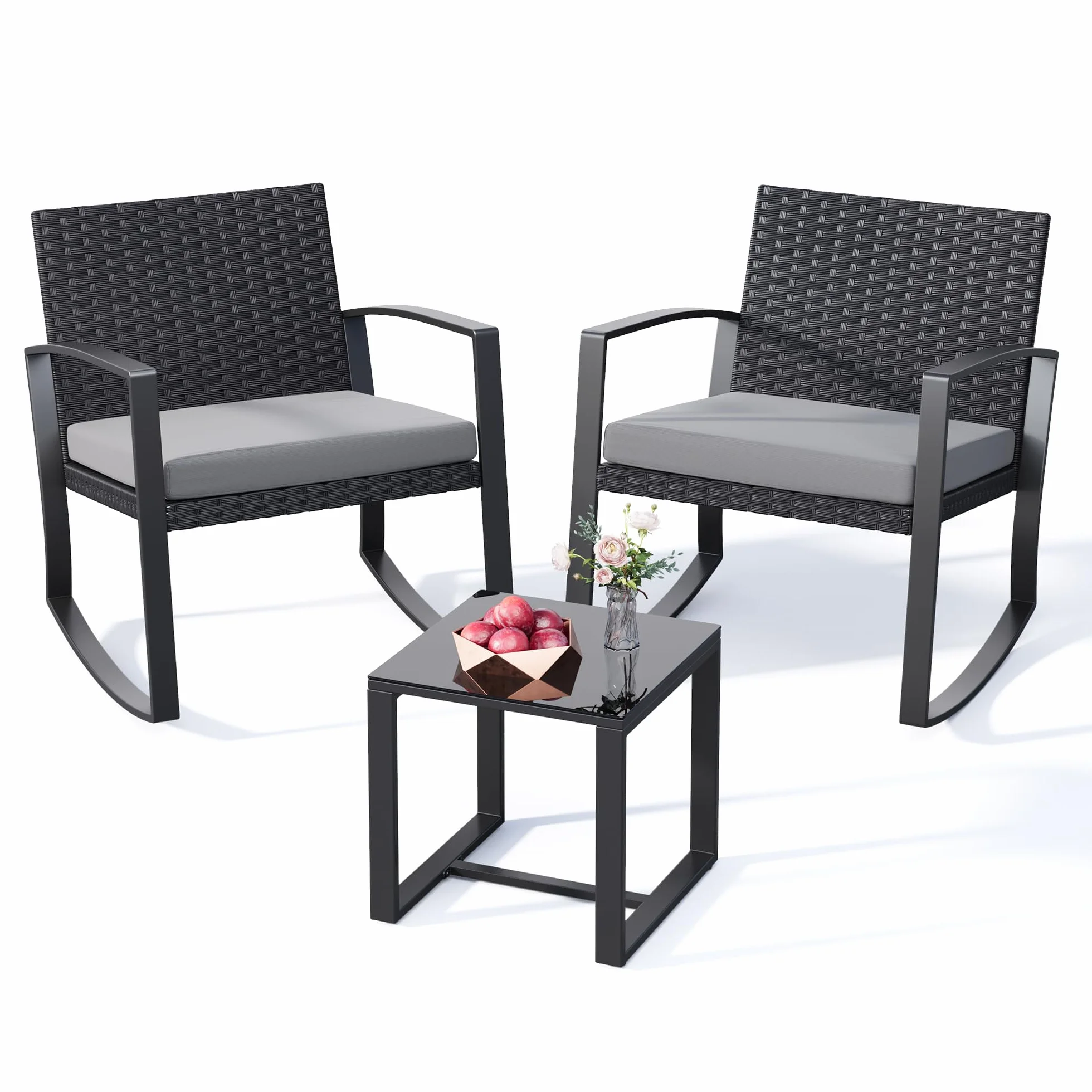 Ensemble de Meubles de Jardin 3 Pièces en Rotin avec Chaises à Bascule et Table Basse en Verre, Gris