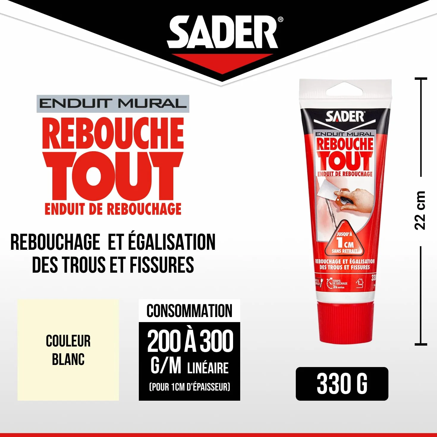 Sader Enduit de Rebouchage Intérieur Prêt à l’Emploi 1 cm 330 g