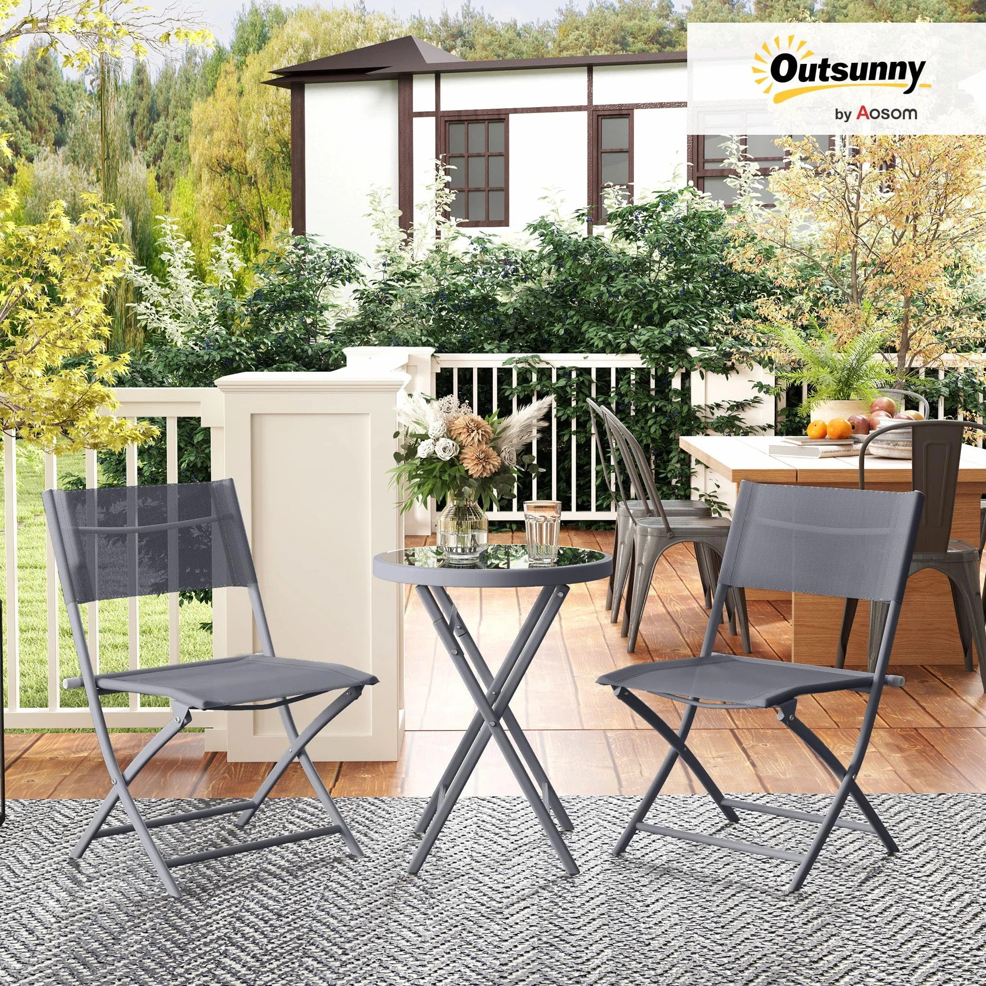 Outsunny Ensemble de bistrot 3 pièces Pliable en métal, 2 chaises et 1 Table Ronde, Salon de Jardin extérieur 2 Personnes, Table de Jardin extérieur avec chaises pour Jardin, terrasse, Balcon, Gris