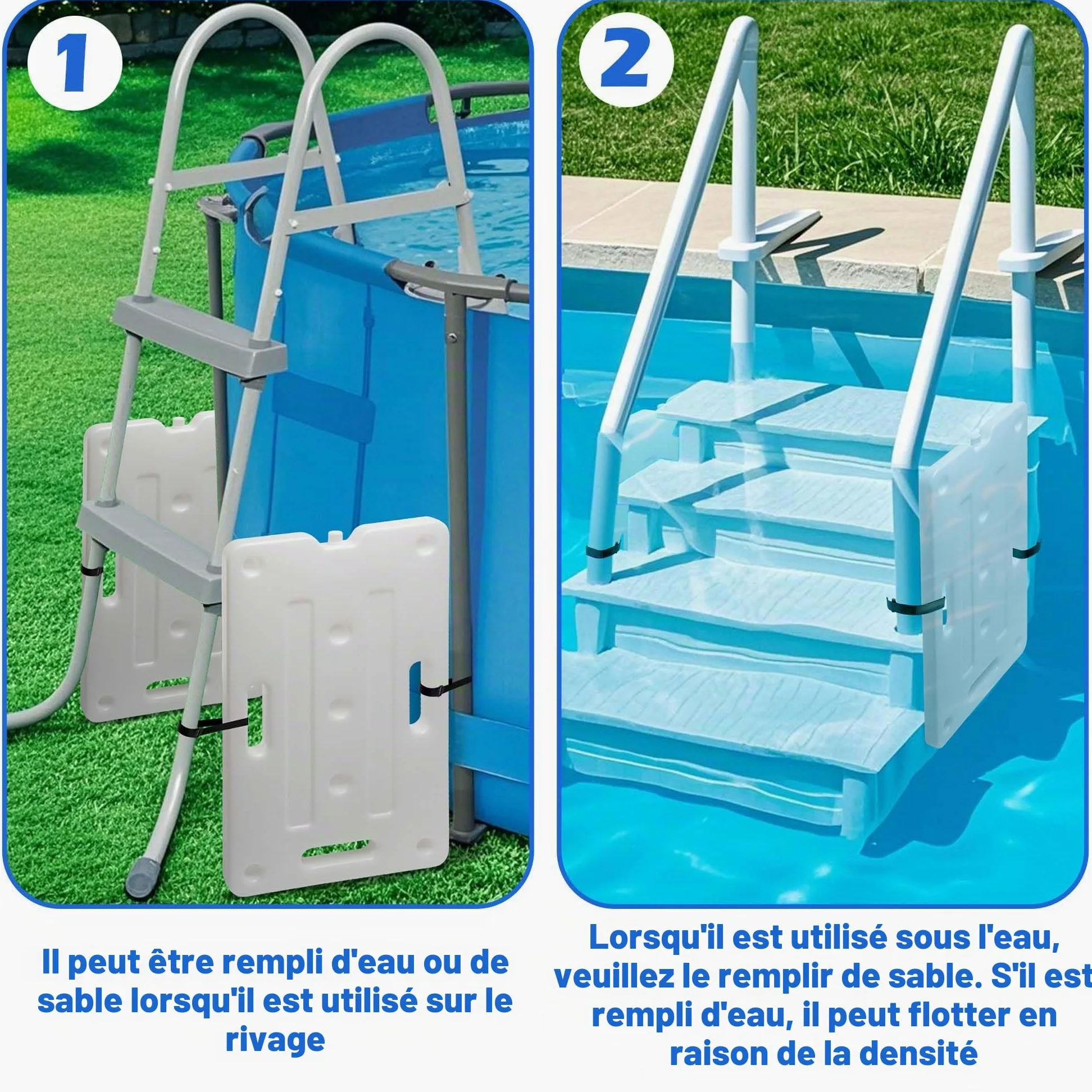 Lot de 2 échelles de piscine de 60 cm x 35 cm, poids de marche de piscine robuste, conteneur de poids d’escalier de piscine amovible pour remplissage facile d’eau et de sable en sous-sol