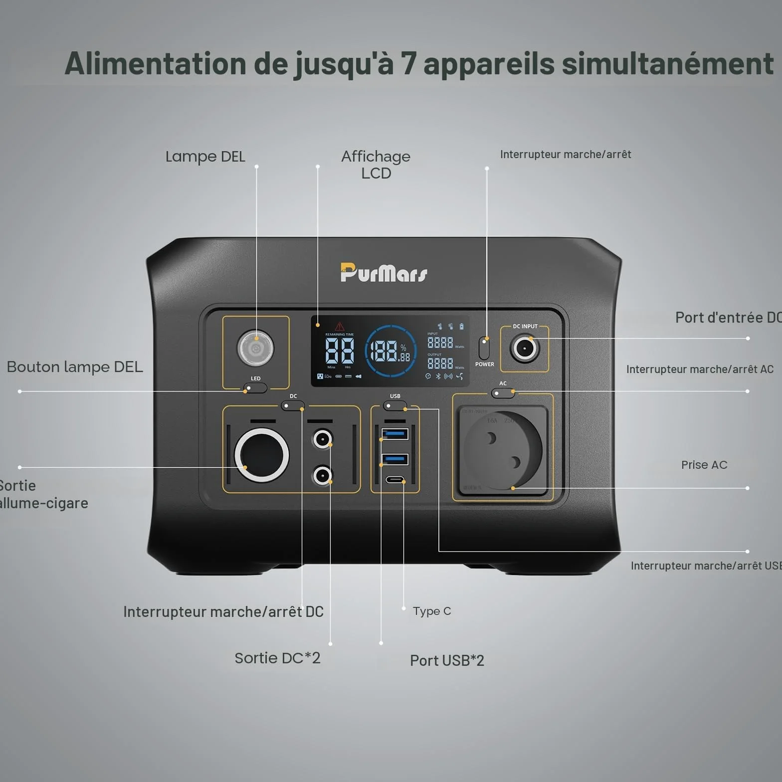 Power Station portable 300W (max. 500W), 288Wh, mémoire 230V AC USB-PD60W, lampe de poche LED, Lifepo4, générateur solaire extérieur, camping, alimentation d'urgence