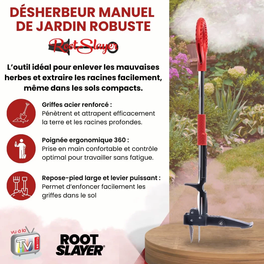 Venteo - Désherbeur Manuel Rootslayer | Désherbage Jardin Mauvaises Herbes | Extracteur Racines Profondes | Outil Jardinage Pelouse avec Levier Appui Pied | Travaux Jardin Gazon Terre Sol Dur