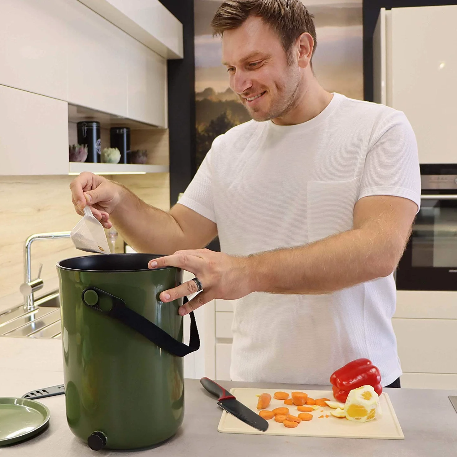 Lot de 2 seaux Bokashi Organko 2 Olive (9,6L) | Composteur Organique avec compacteur + 1 kg d'Activateur EM-1 de Fermentation fabriqué en France