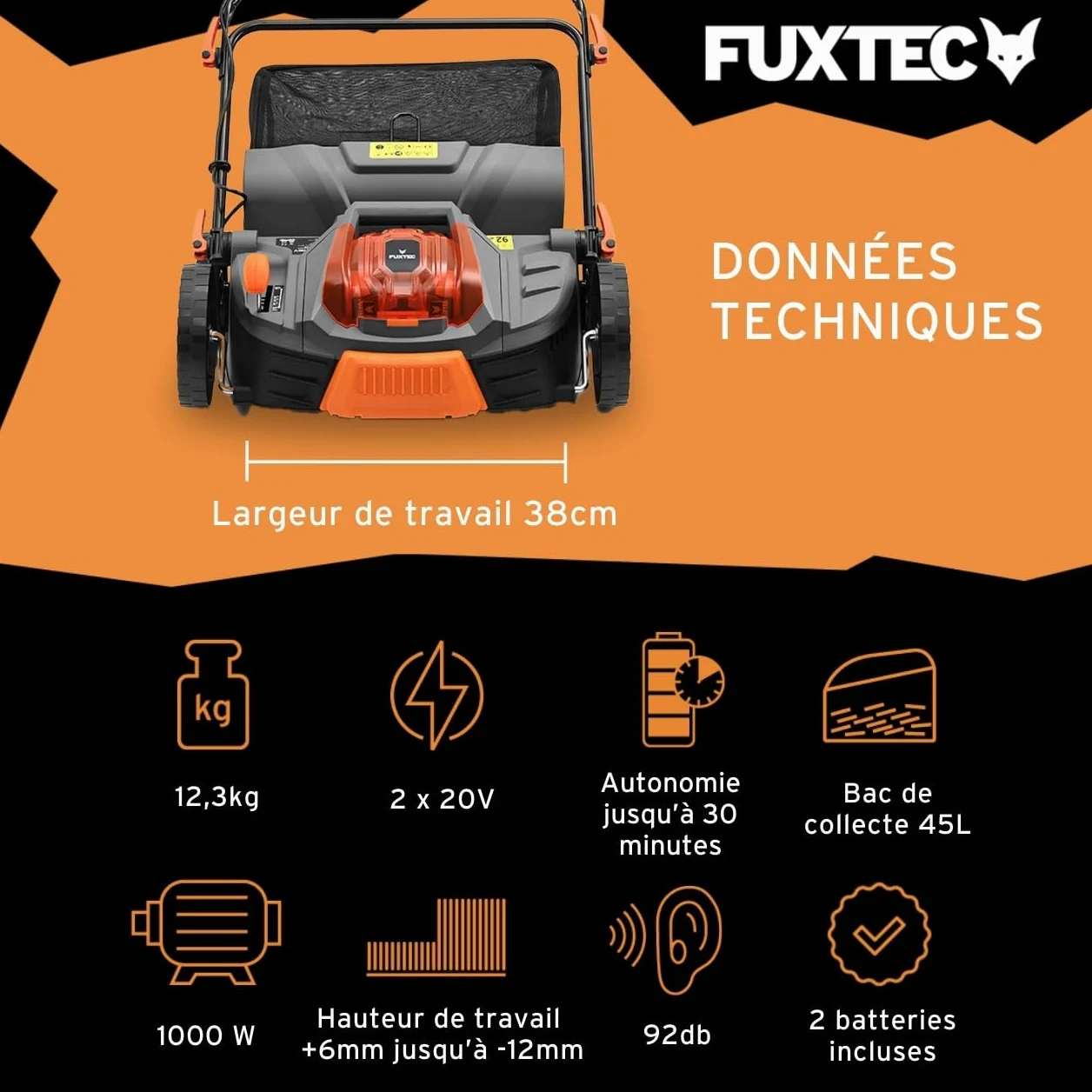 FUXTEC Aérateur à batterie 40 V FX-E2VE38SET - 2 en 1 Aérateur et Scarificateur, Largeur 38 cm, Panier 45 L, 2 piles incluses