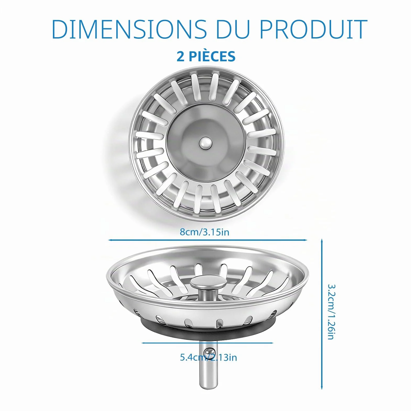 Bouchons Évier Cuisine 80mm INOX avec Grille, Filtre et Joints de Rechange