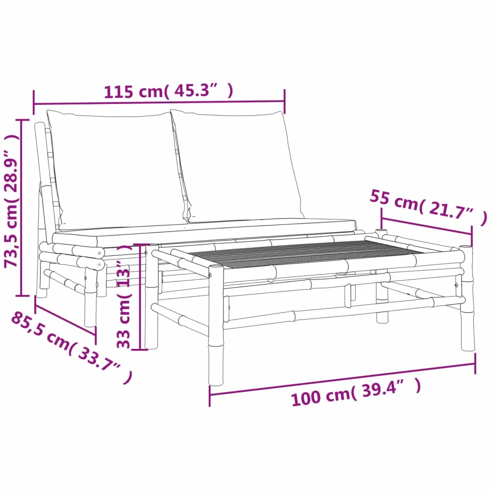 Ensemble salon de jardin, 2 pièces, en bambou naturel, avec coussins gris foncé, robuste, pour terrasse, balcon et véranda, ensemble de patio confortable