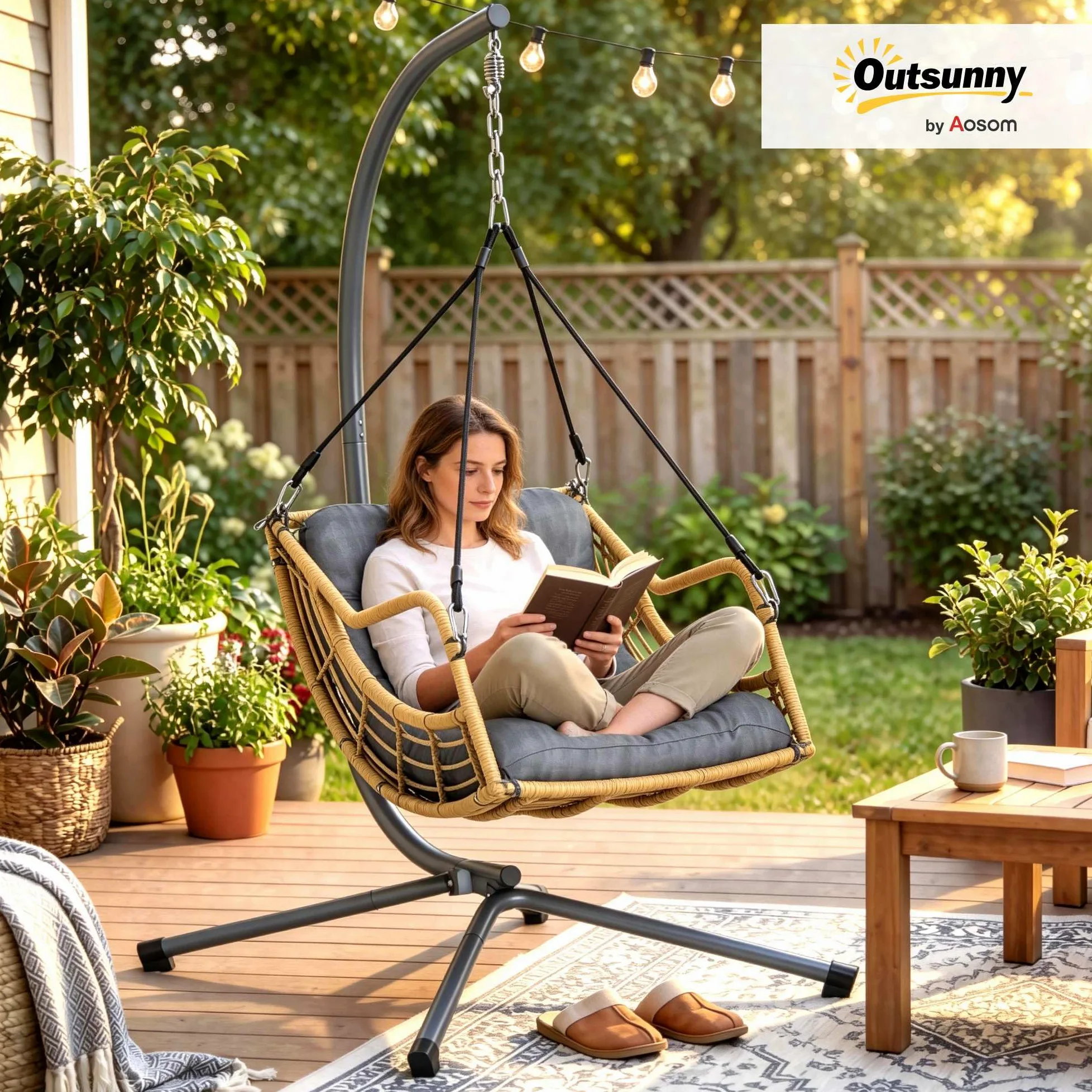 Outsunny Fauteuil Suspendu en résine tressée avec Support, Chaise Suspendue, Chaise hamac balançoire, Coussin et Attache de sécurité, Hauteur réglable, Cadre en Acier, intérieur et extérieur, Gris