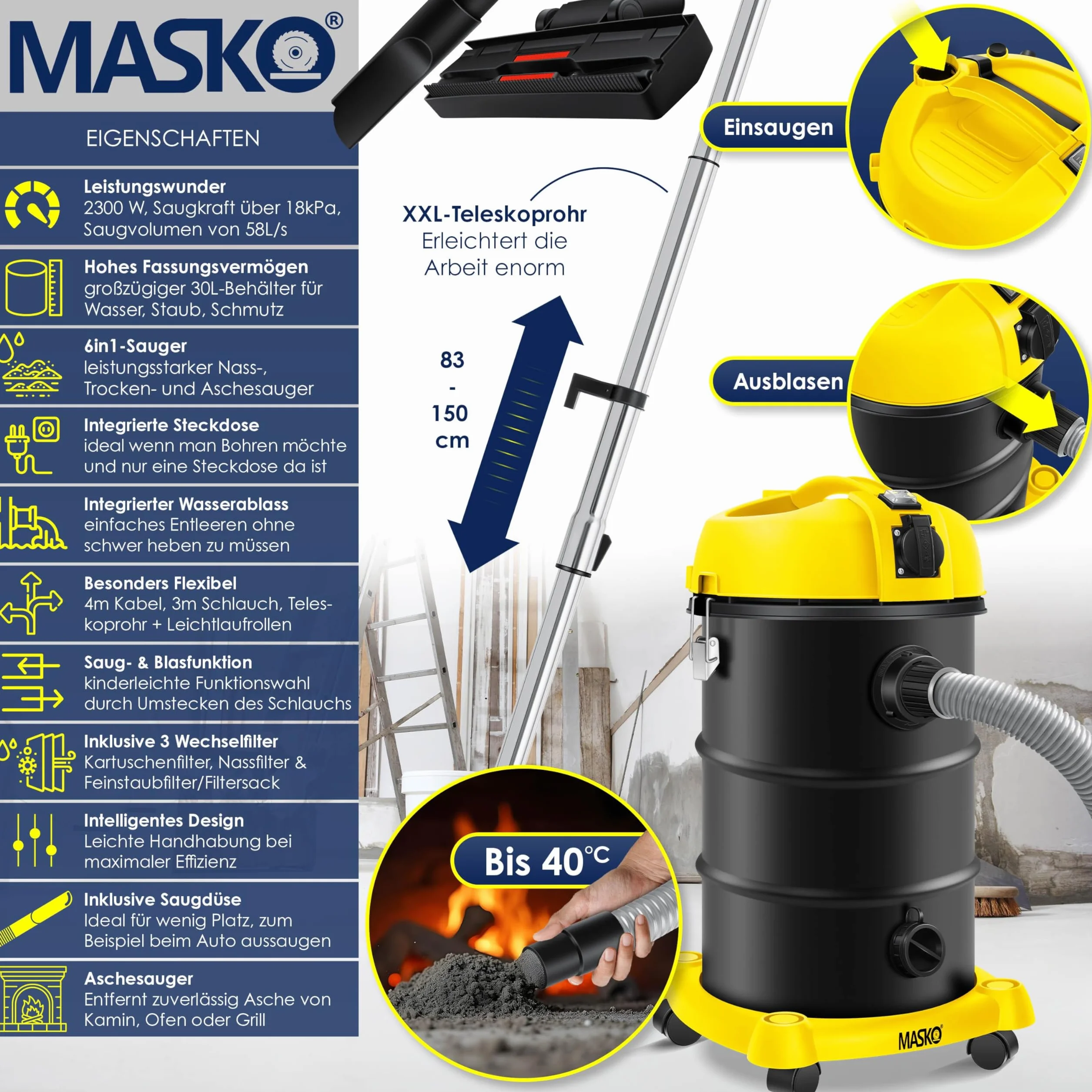 Masko Aspirateur Industriel 6IN1 2300 W Eau et Poussière Soufflage Sec Humide