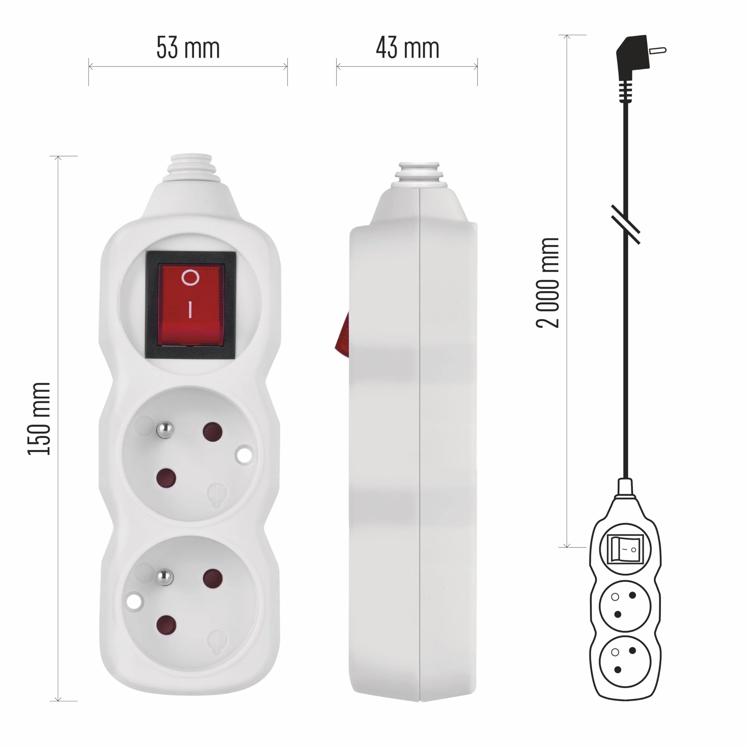 EMOS Multiprise 2 Prises 45° 2m H05VV-F3G 250V 16A 3680W Blanc