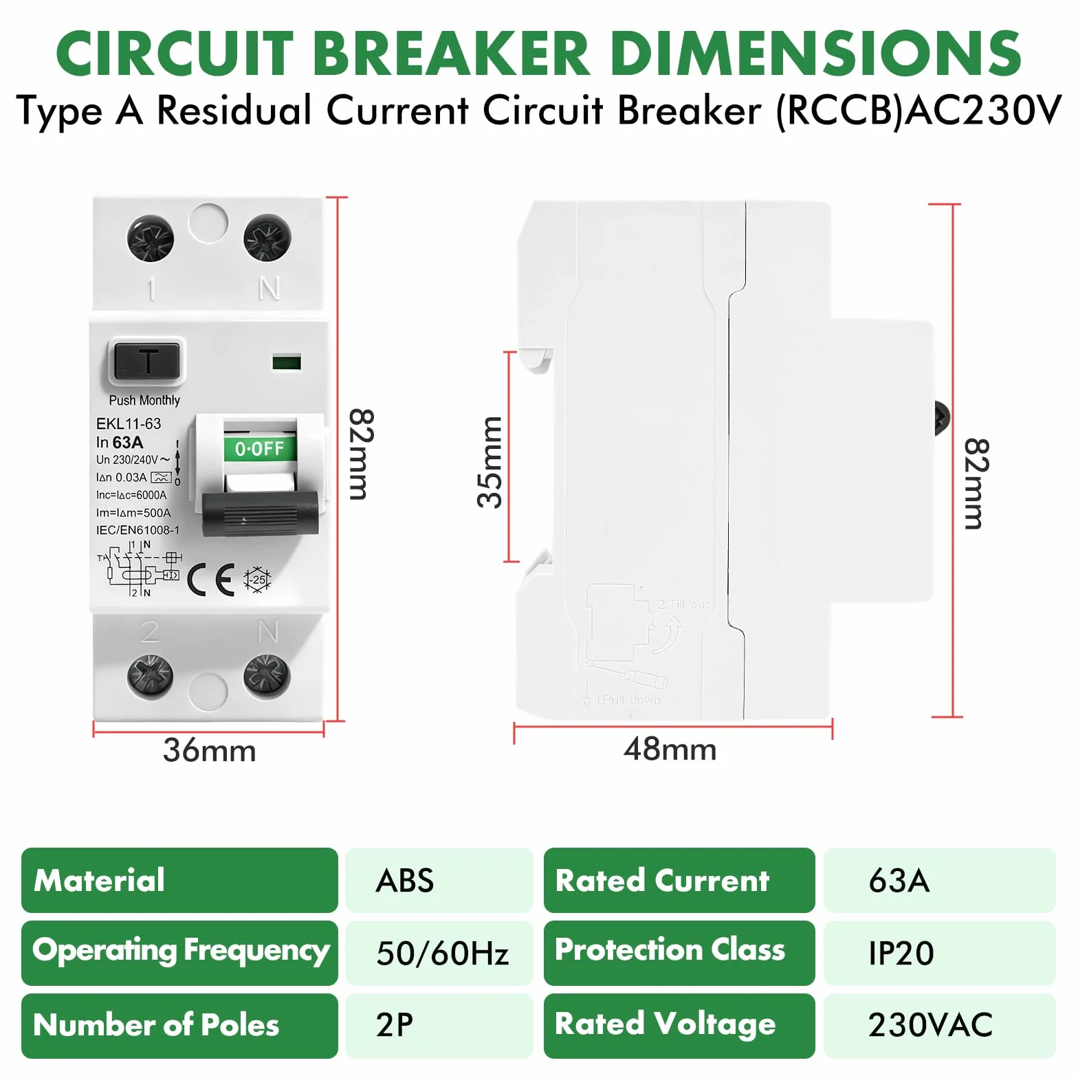 Disjoncteur différentiel 30mA 63A type A RCCB 2P AC230V EKL11-63 Protection contre les fuites