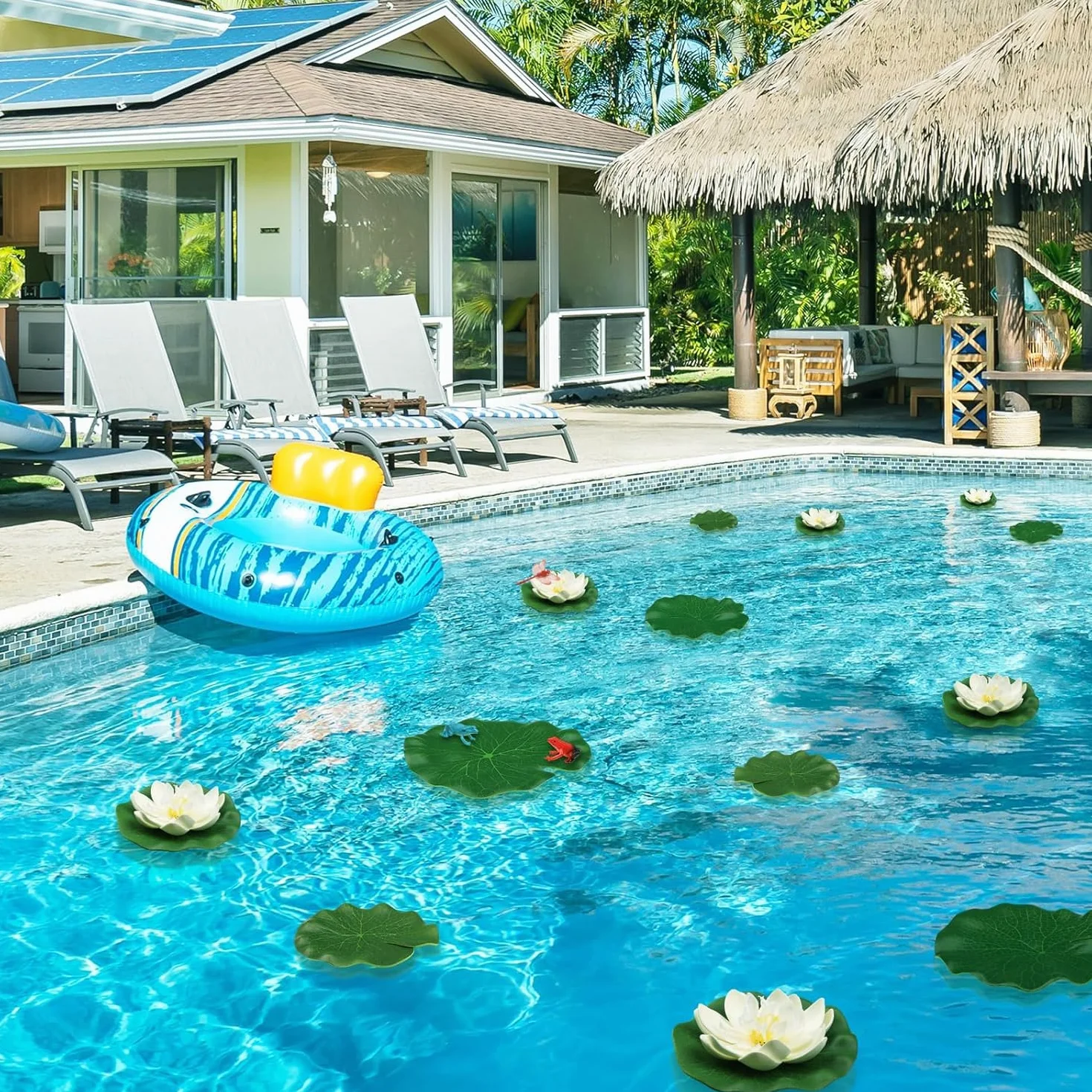 14 Pièces Nénuphar Flottant Fleurs Artificielles, Fleur de Nénuphar de Lotus avec Libellule Grenouille Artificielle Nenuphar Flottant Lotus pour Jardin, Aquarium, Etang de Jardin Décor