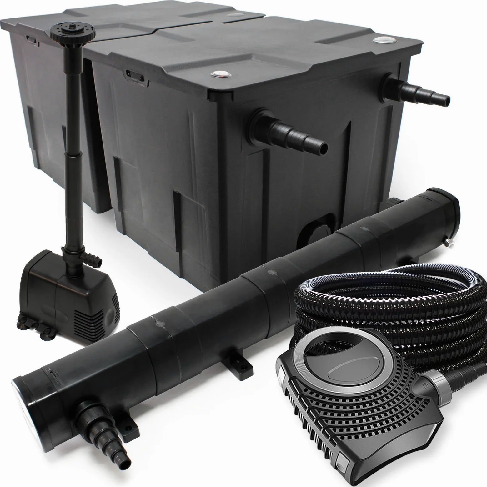 Wiltec Kit complet: CBF-350B Filtre de bassin jusqu'à 60000 L, NEO10000 pompe de filtration 10000l/h 80W, CUV-272 lampe uv 72W, 25m Tuyau 25 mm, HJ-943 fontaine 800l/h 16W
