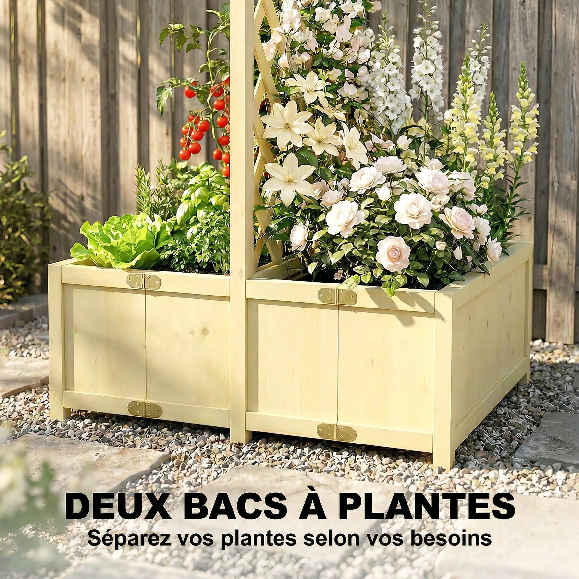 Outsunny Jardinière avec Treillis en Bois Massif - Carré Potager Pliable avec Double Bac à Fleurs - Lit de Jardin 170cm de Haut pour Plantes Grimpantes sur Balcon, Terrasse Brise-Vue, Naturel
