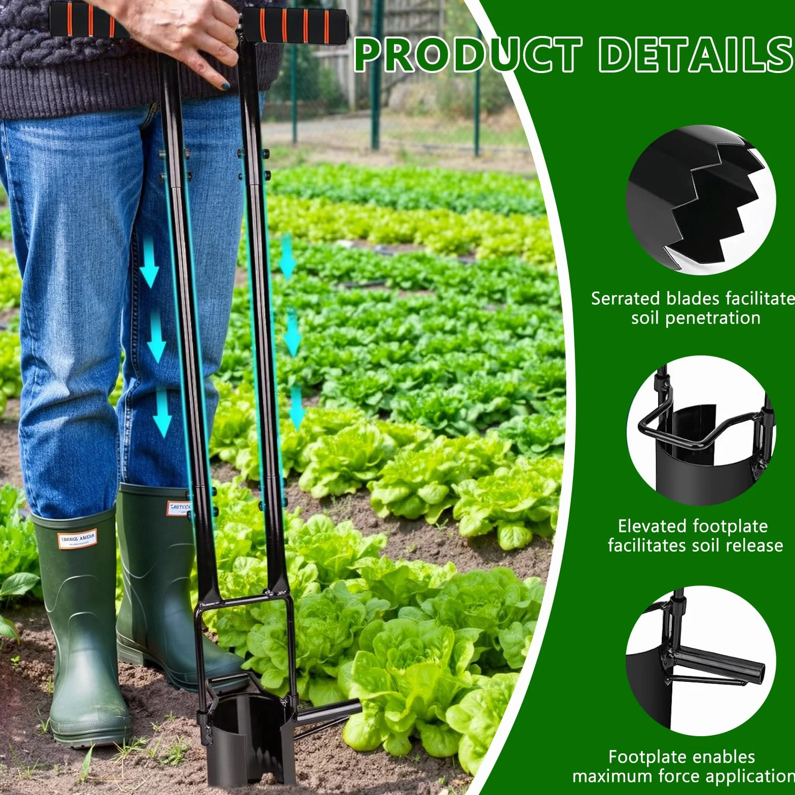 Planteur de Bulbes de 95 cm avec Gants, Profondeur de 11.9 cm, Aide à la Plantation avec Bord en Dents de Scie, Aérateur d'ampoule pour Tulipes, Jonquilles, Oignons, Pommes de Terre, Tomates