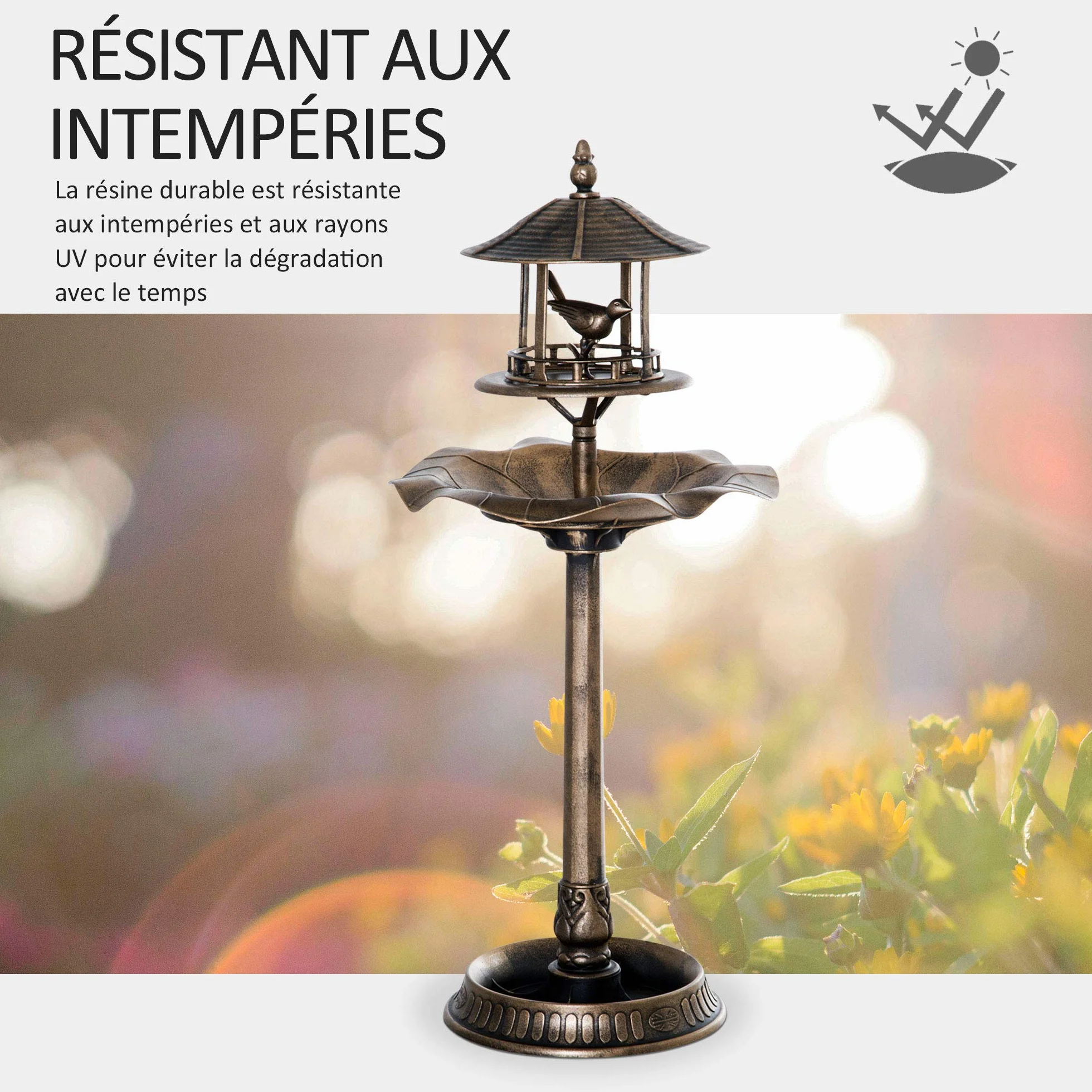 Outsunny Bain d'oiseaux Abreuvoir pour Oiseaux 3 en 1 Ø 50 x 113 cm Polypropylène Bronze Antique