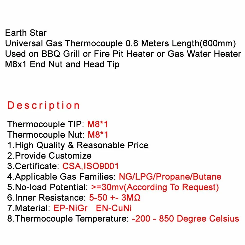 Terre étoile à gaz universel thermocouple 0.6 metres de long utilisé sur grille pour barbecue ou Foyer Chauffage ou chauffage de l'eau à gaz M8 x 1 Écrou d'extrémité et tête à bout