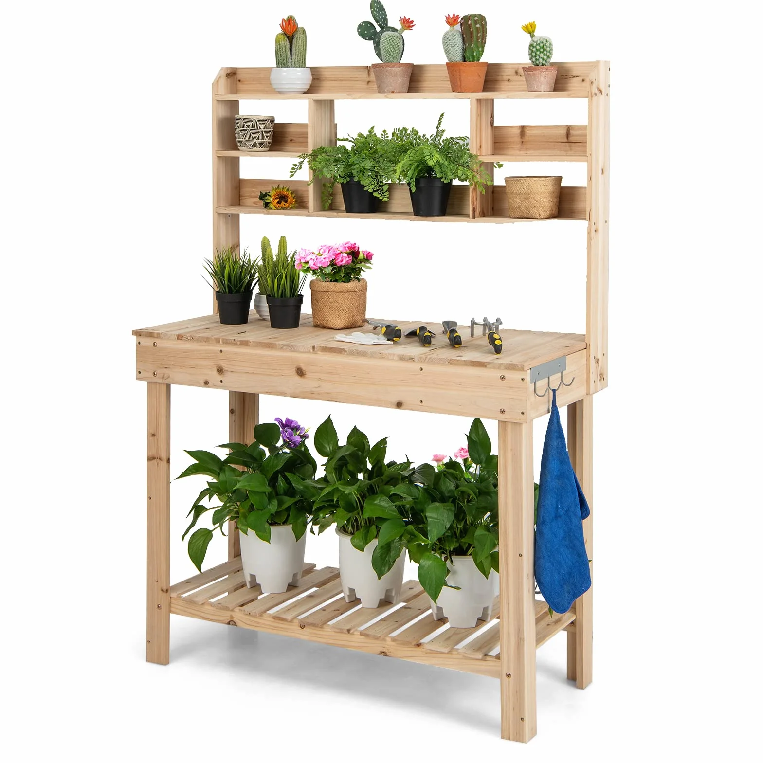 GOPLUS Table de Rempotage en Bois Plateau Ouvrable, Jardinage avec Étagères, Crochets et Tiroir, Charge 150 KG, 110 x 50 x 153 CM