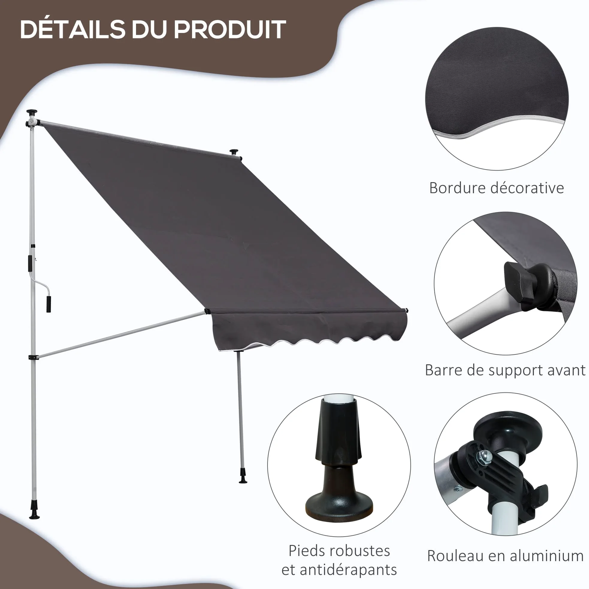 Outsunny Store banne Manuel rétractable 2L x 1,5l x 1,7-2,8H m Inclinaison réglable Installation Rapide Store banne sans perçage pour Balcon métal Aluminium Polyester Gris