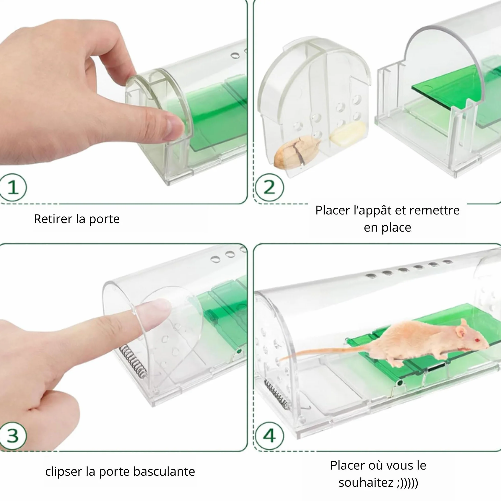 Piège à Souris vivantes Lot de 2 - boîte d'appât avec trous de ventilation et porte de sortie - Usage Intérieur et Extérieur Réutilisable